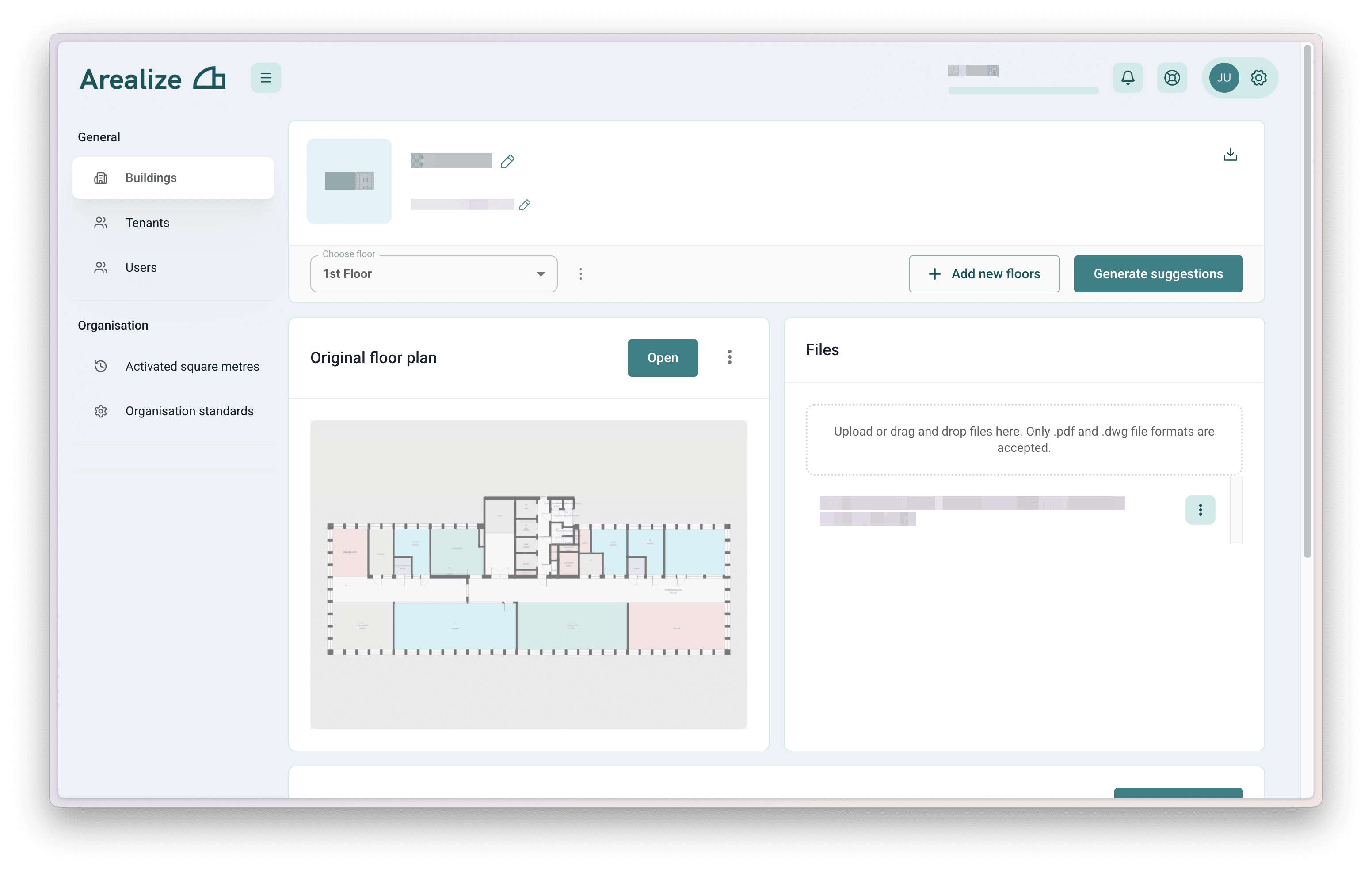Example of a building with floors in Arealize Dashboard