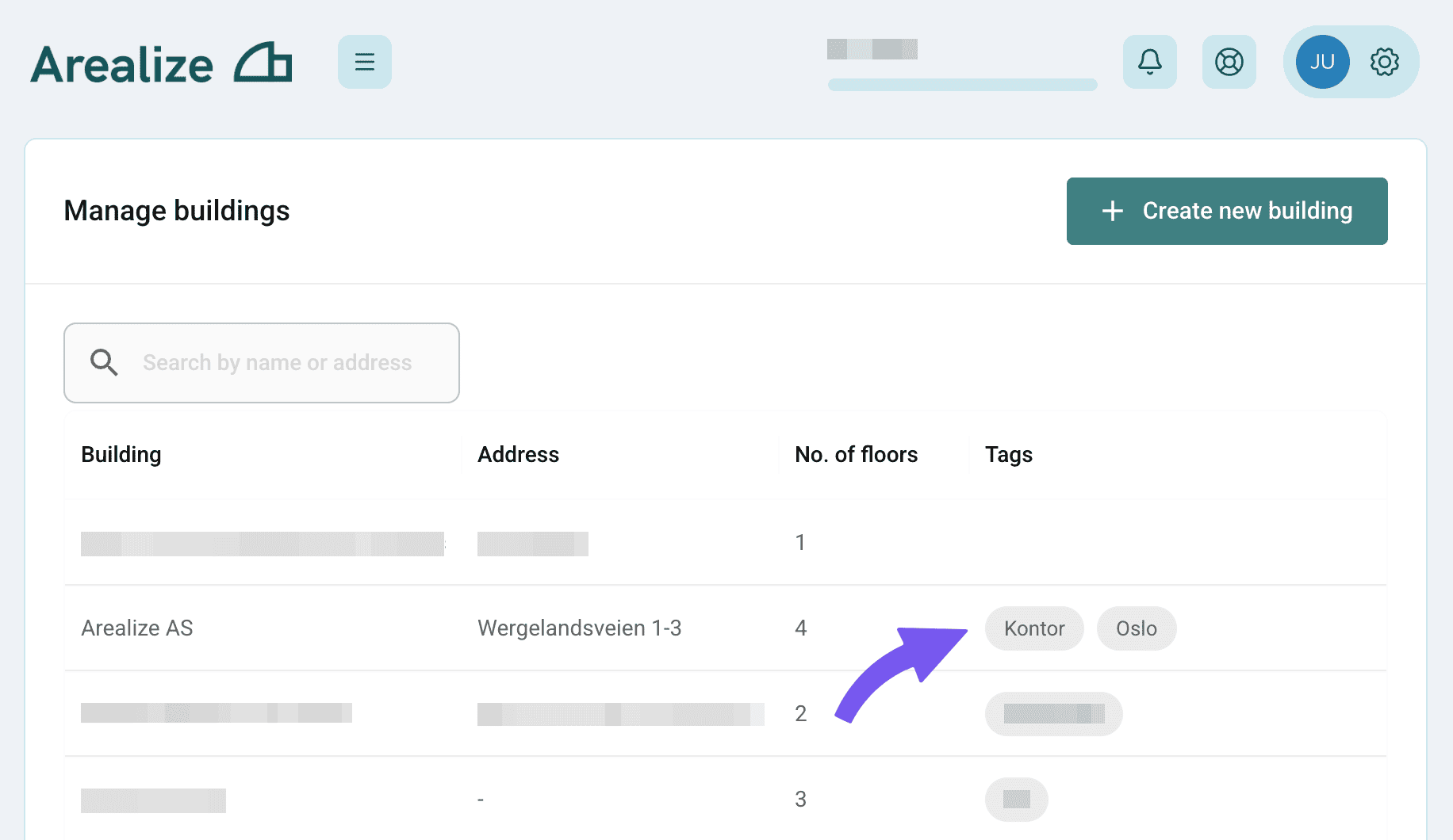 Example of tags in Arealize Dashboard