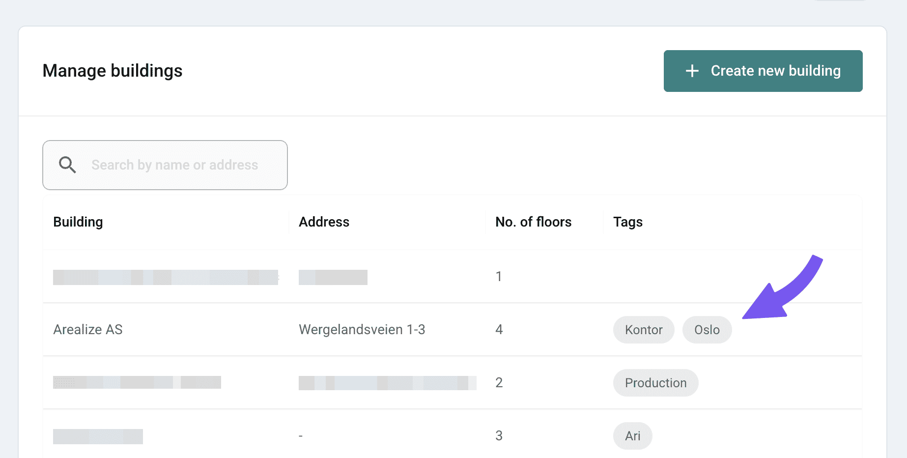 Tags displayed in building list