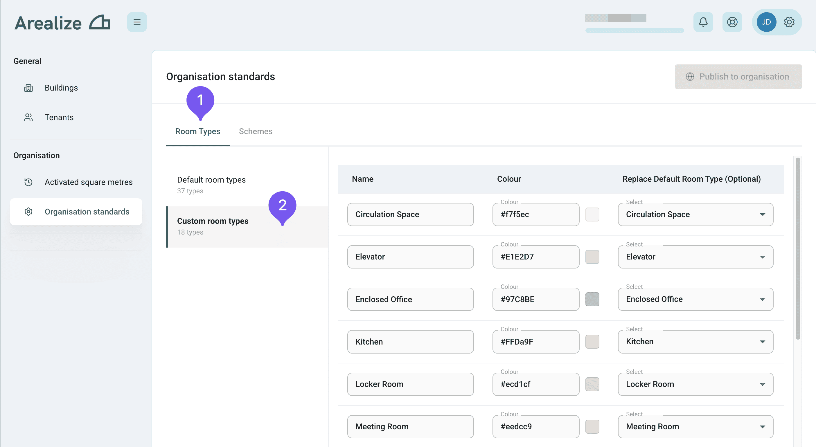 Room types tab in Organisation Standards