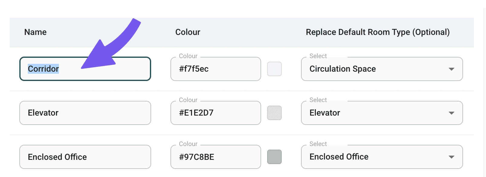 Edit room type name, colour, and Arealize mapping