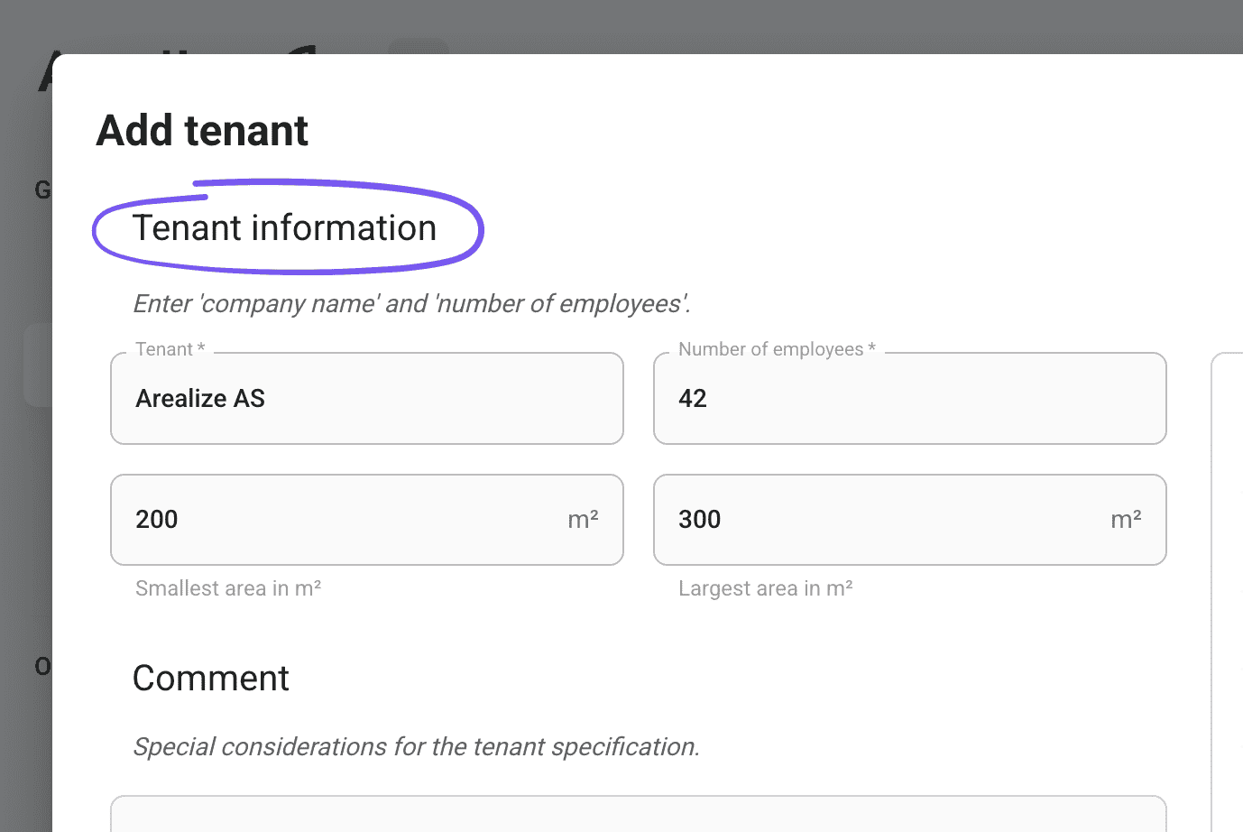 Fill in tenant details step