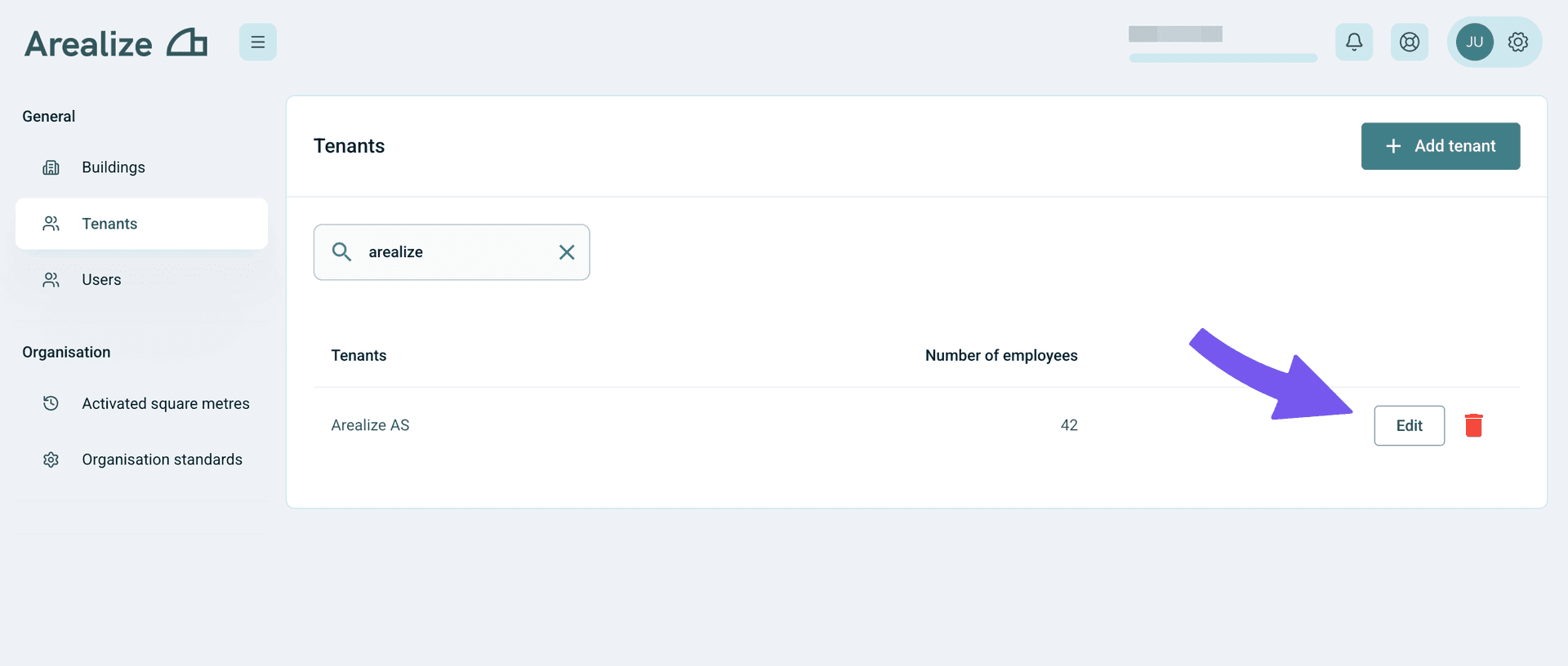 Edit tenant step - search and click Edit