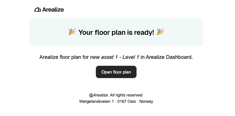 The floor plan ready email with an Open floor plan button
