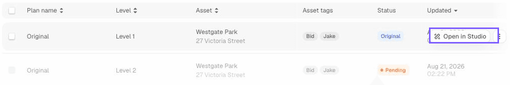 Hovering a plan with the status Original reveals the Open in Studio button
