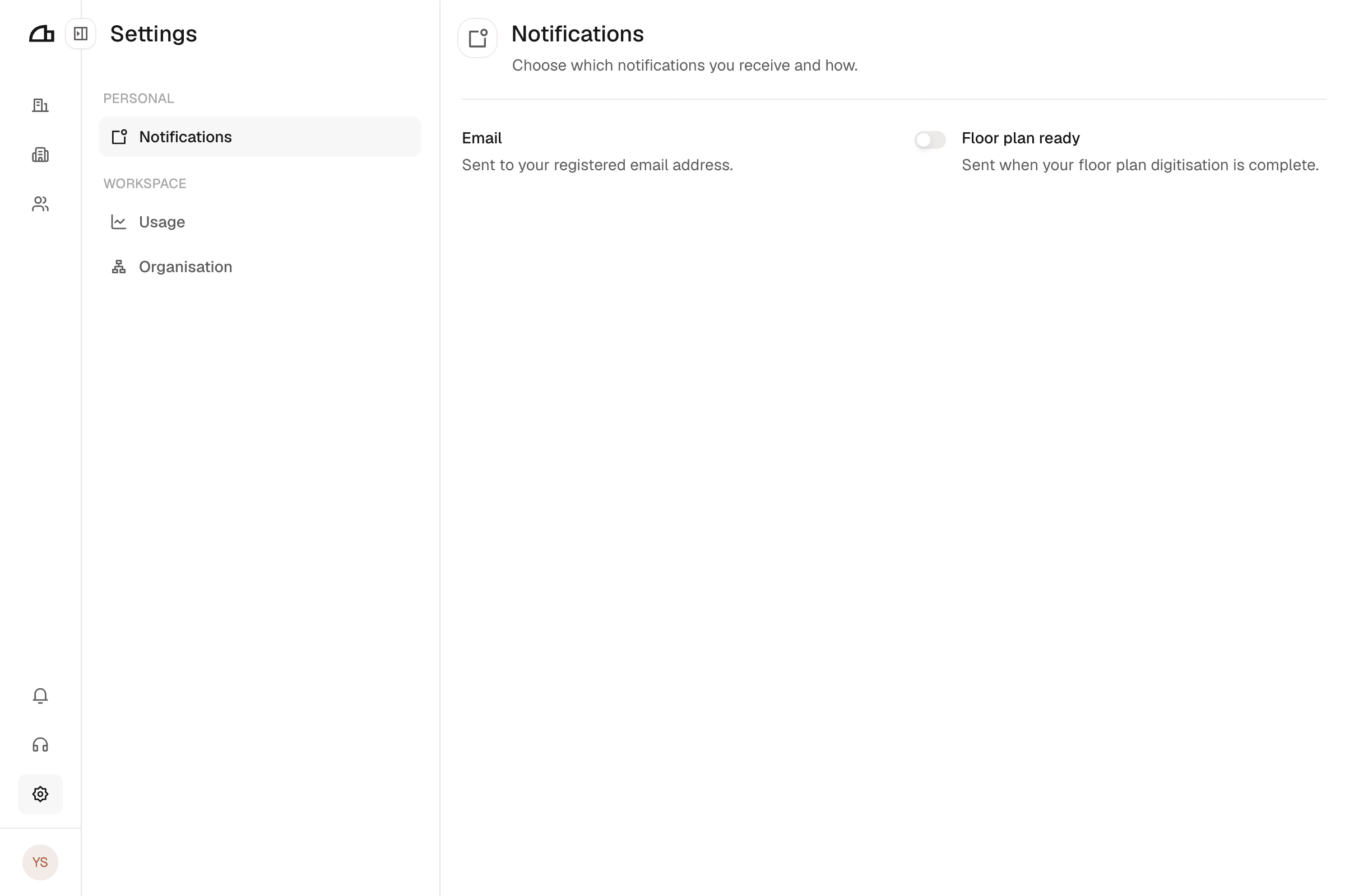 The notifications settings page with the Floor plan ready toggle