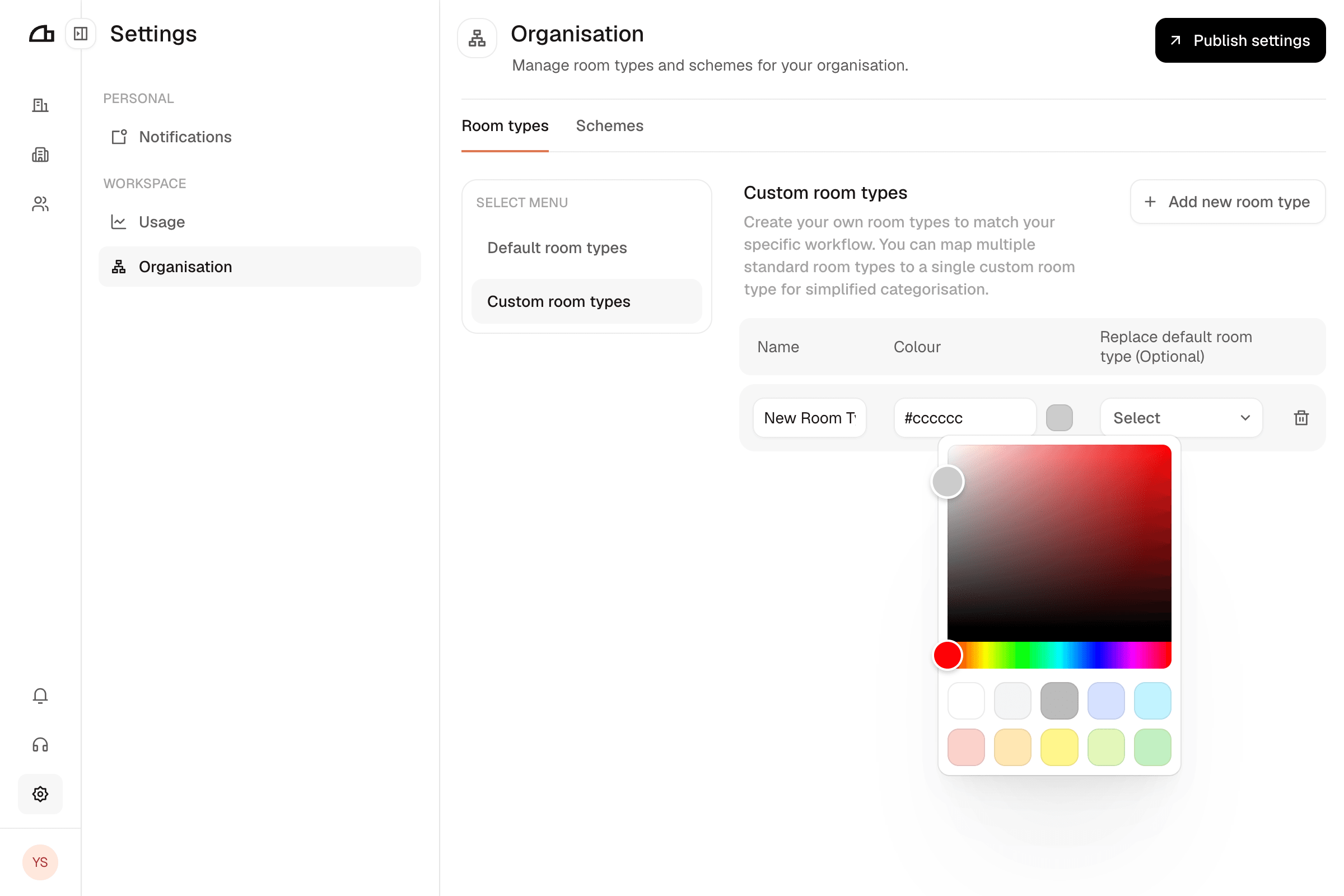 The colour picker open on a custom room type