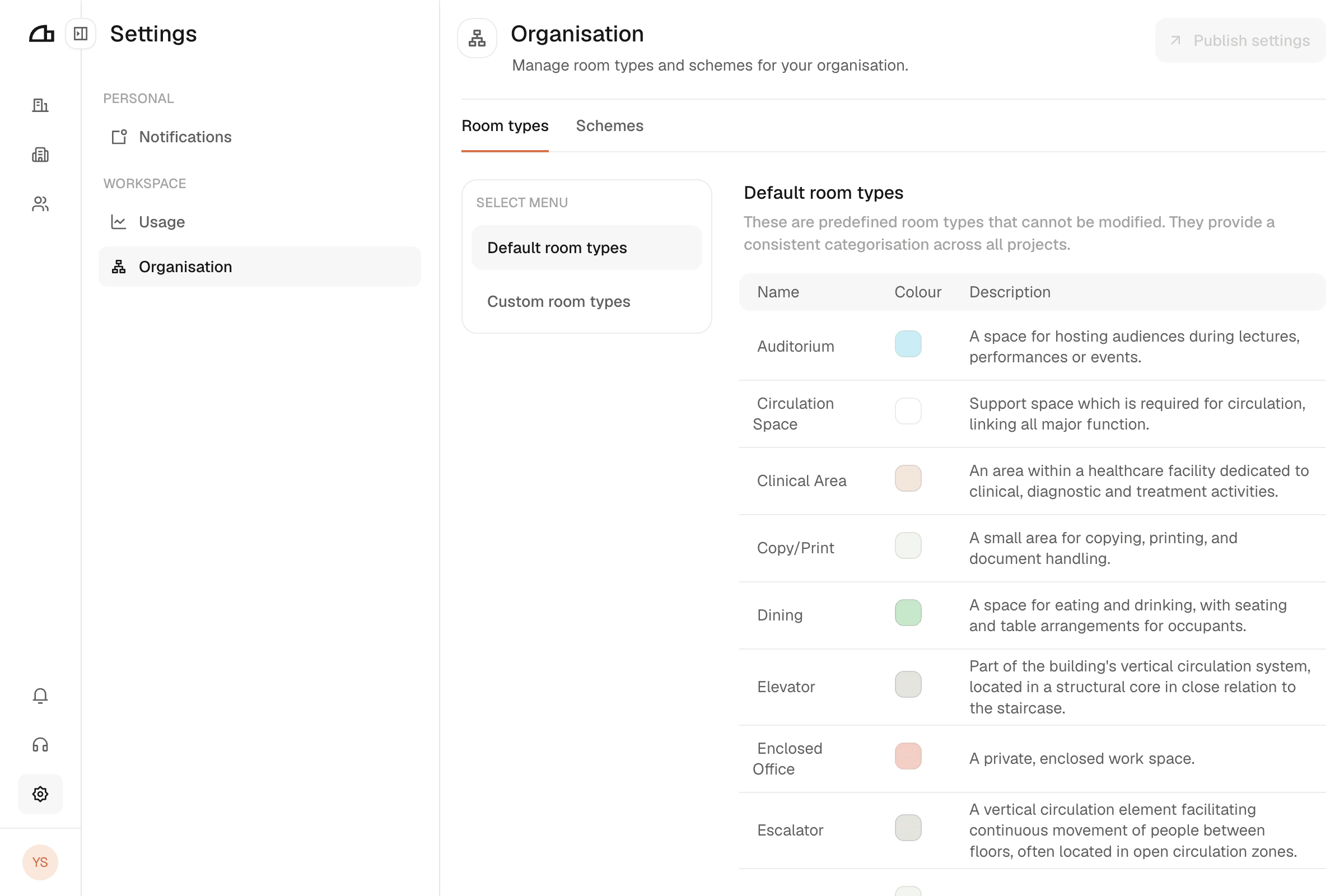 The default room types list in Arealize organisation settings