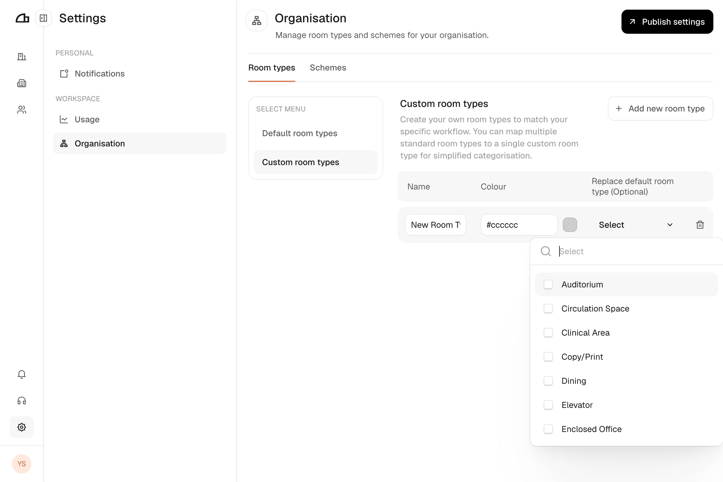 Selecting which default room types a custom type replaces