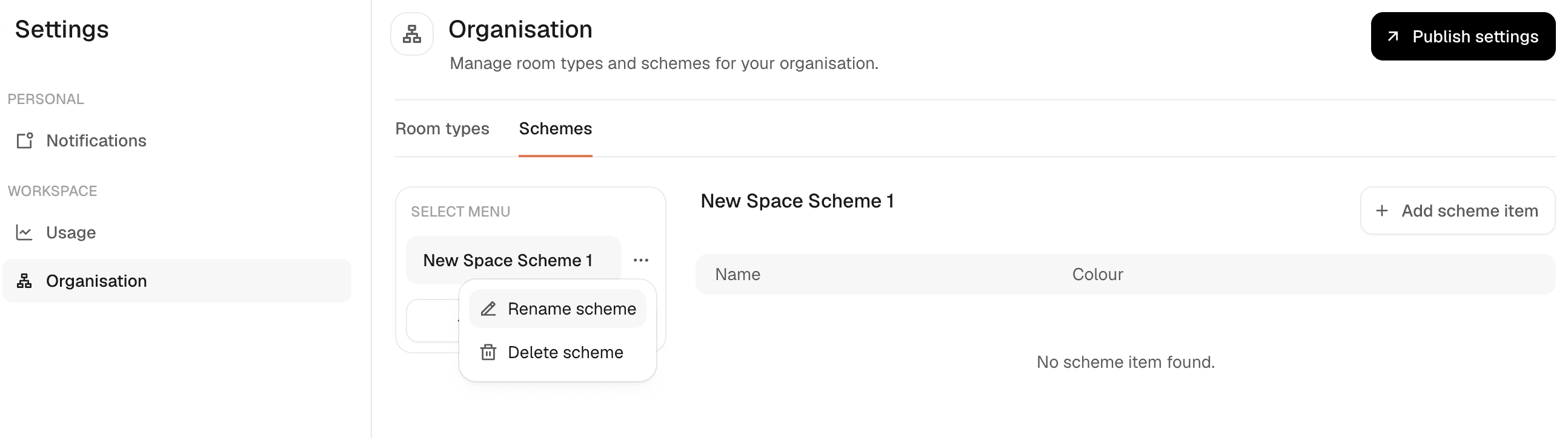 A newly created scheme, with the rename and delete options open