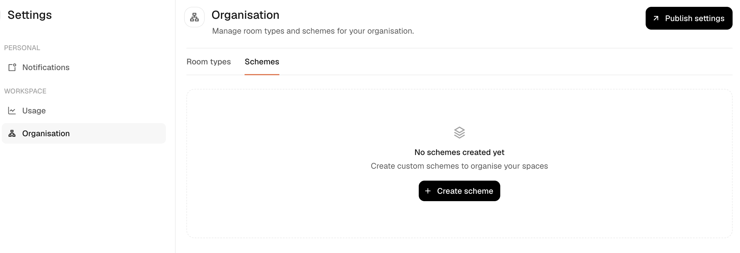 The schemes tab before any scheme exists, showing No schemes created yet