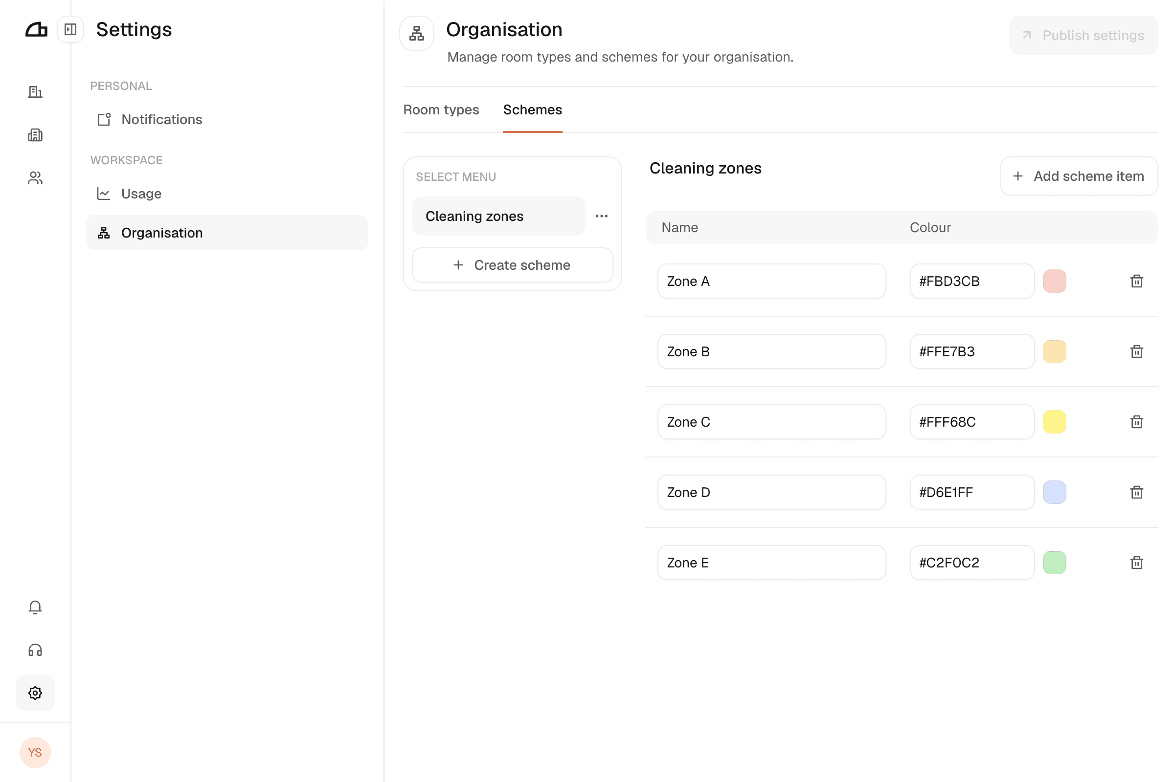 The schemes tab in Arealize organisation settings