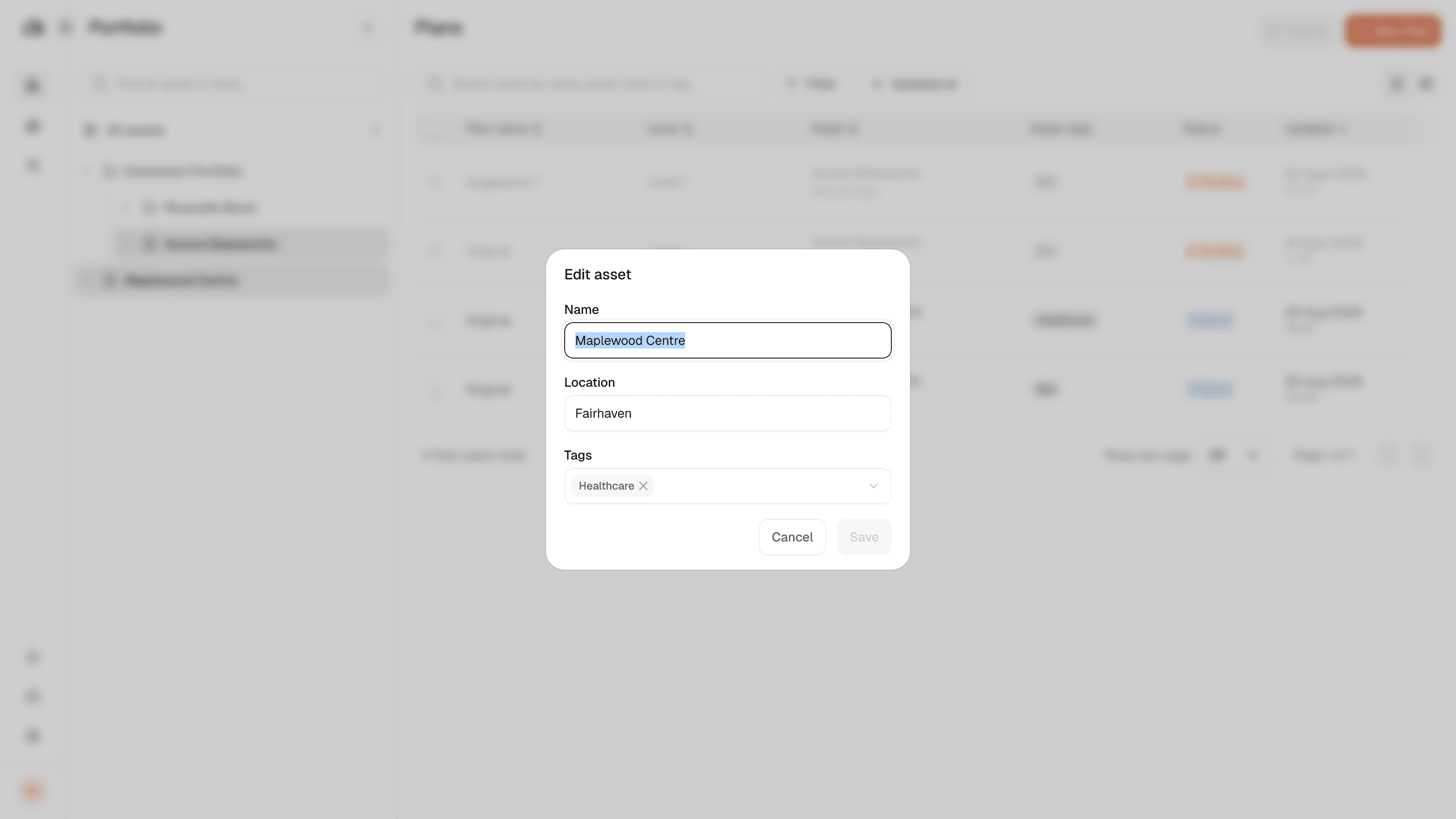 The Edit asset dialog with fields for name, location and tags