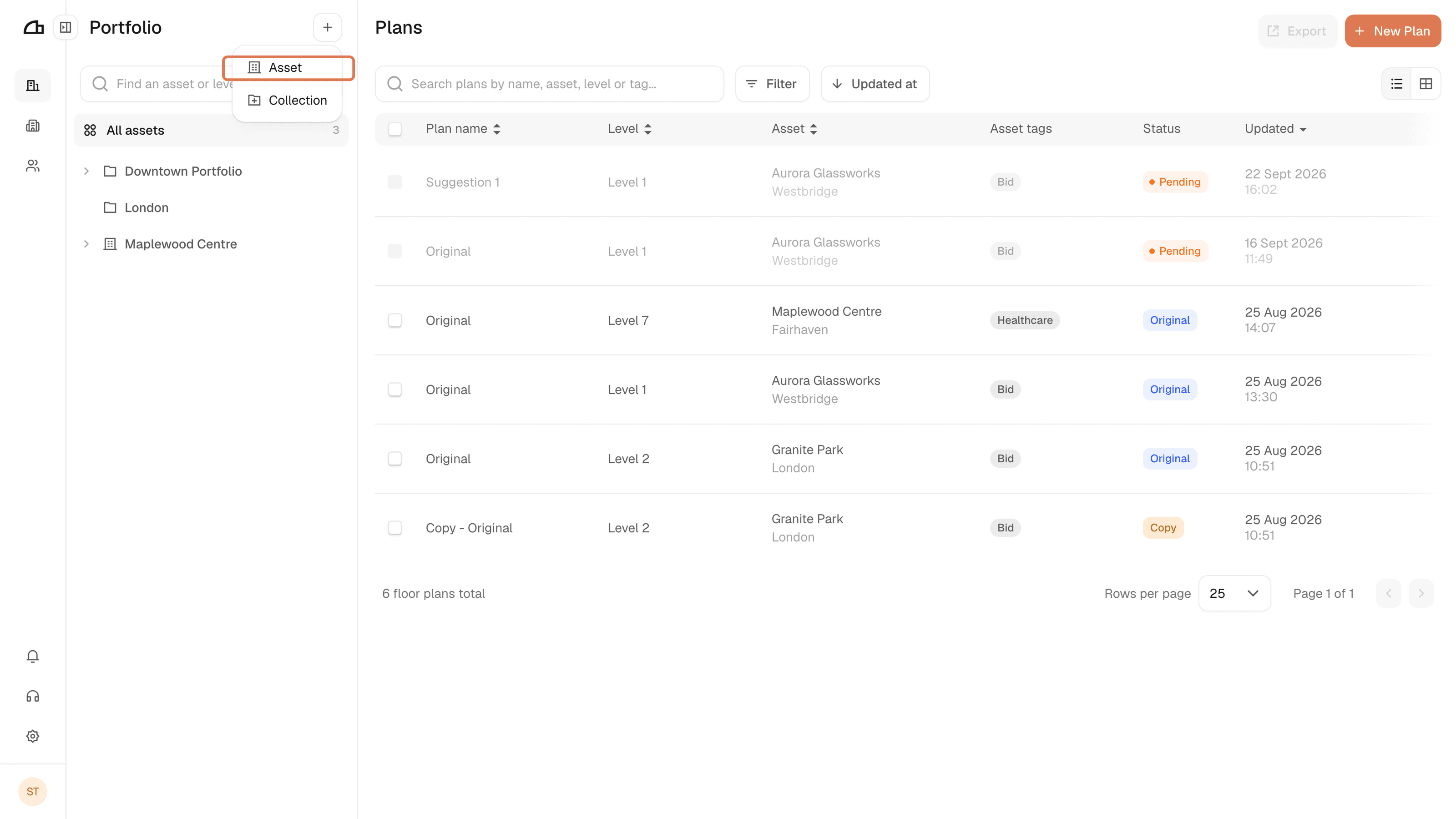 The plus menu at the top of the asset tree, with Asset highlighted