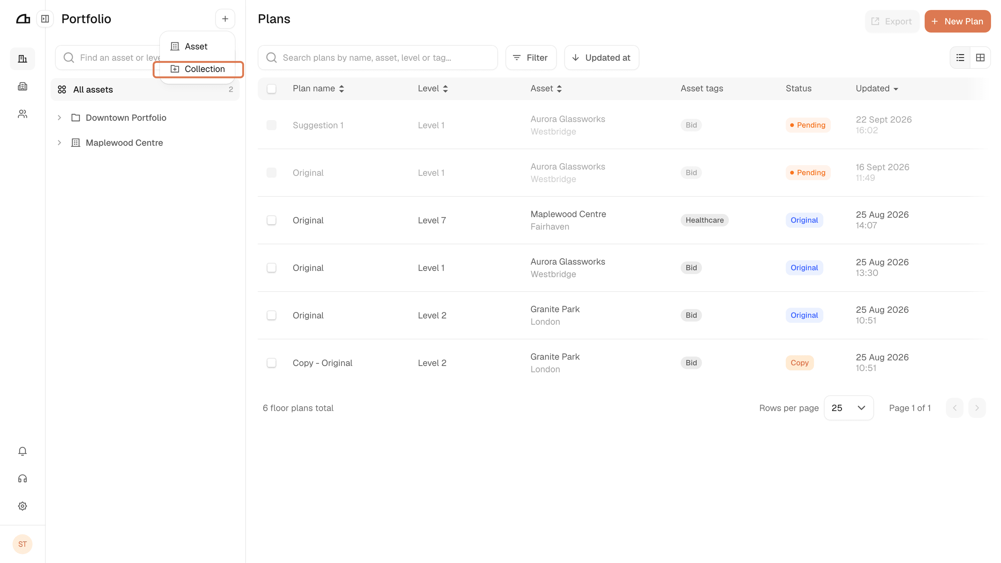 The plus menu at the top of the asset tree, offering Asset and Collection