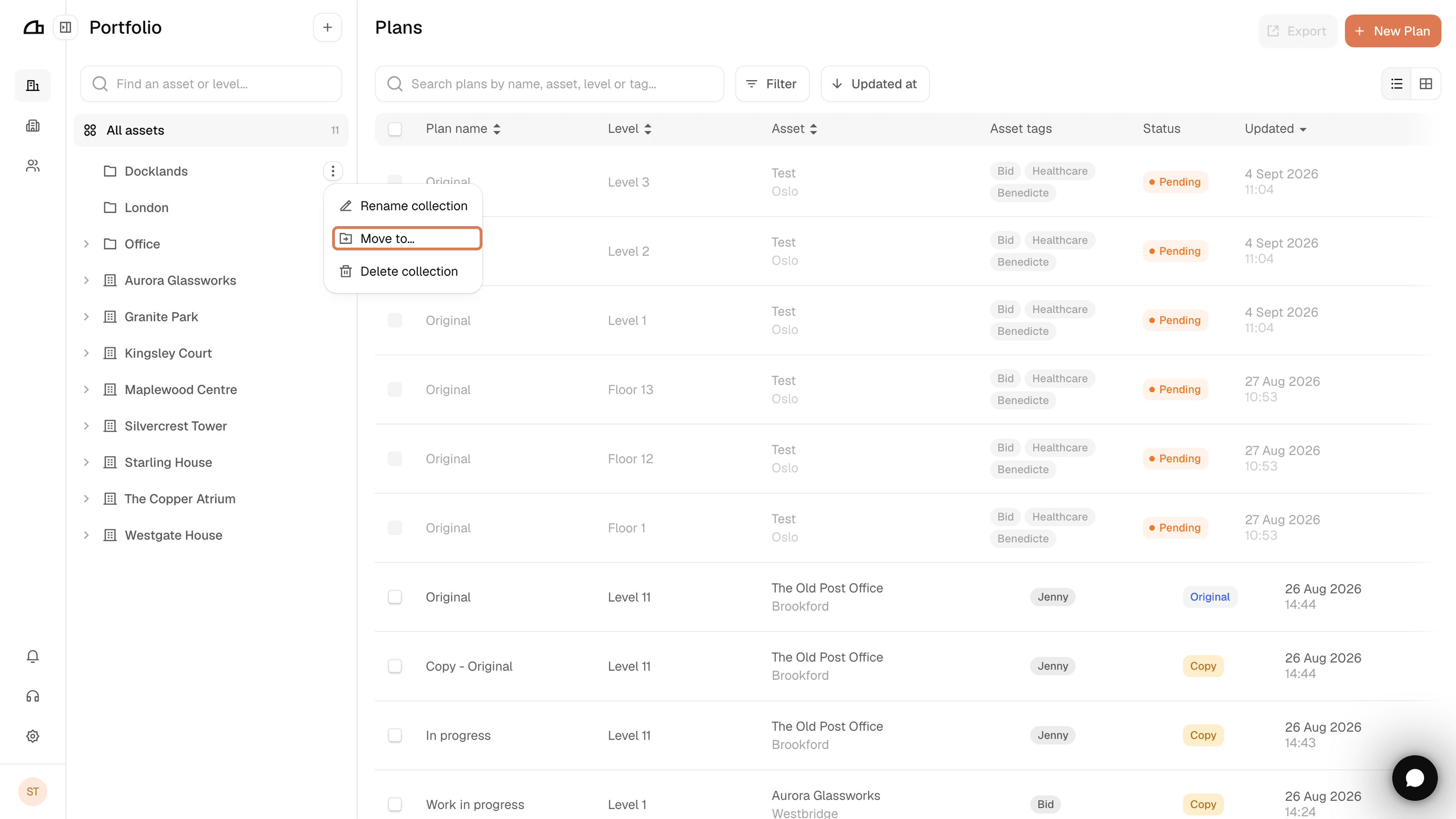 A collection's more options menu, with Rename, Move to and Delete
