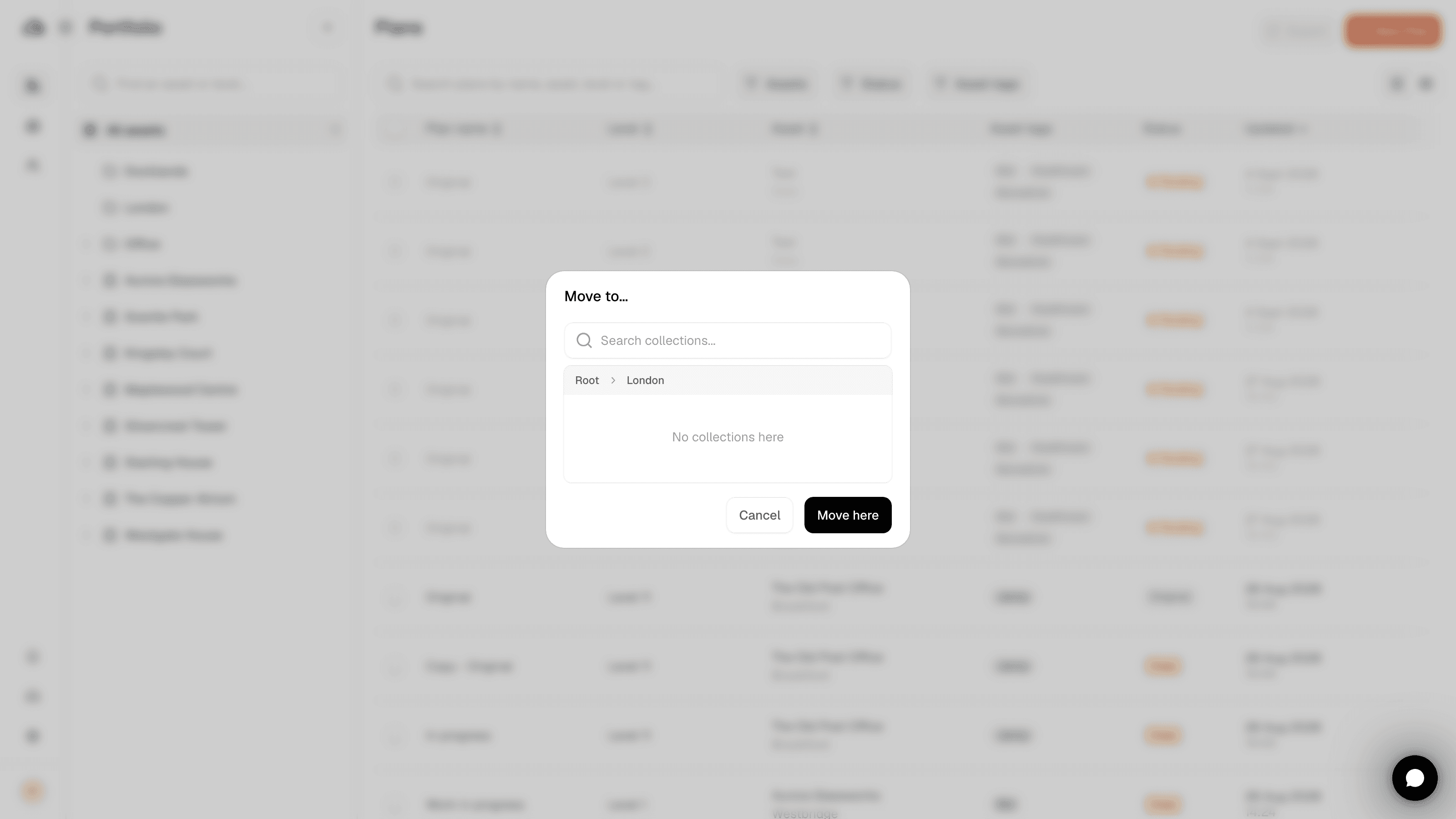 The Move to dialog, opened inside a collection with Move here available