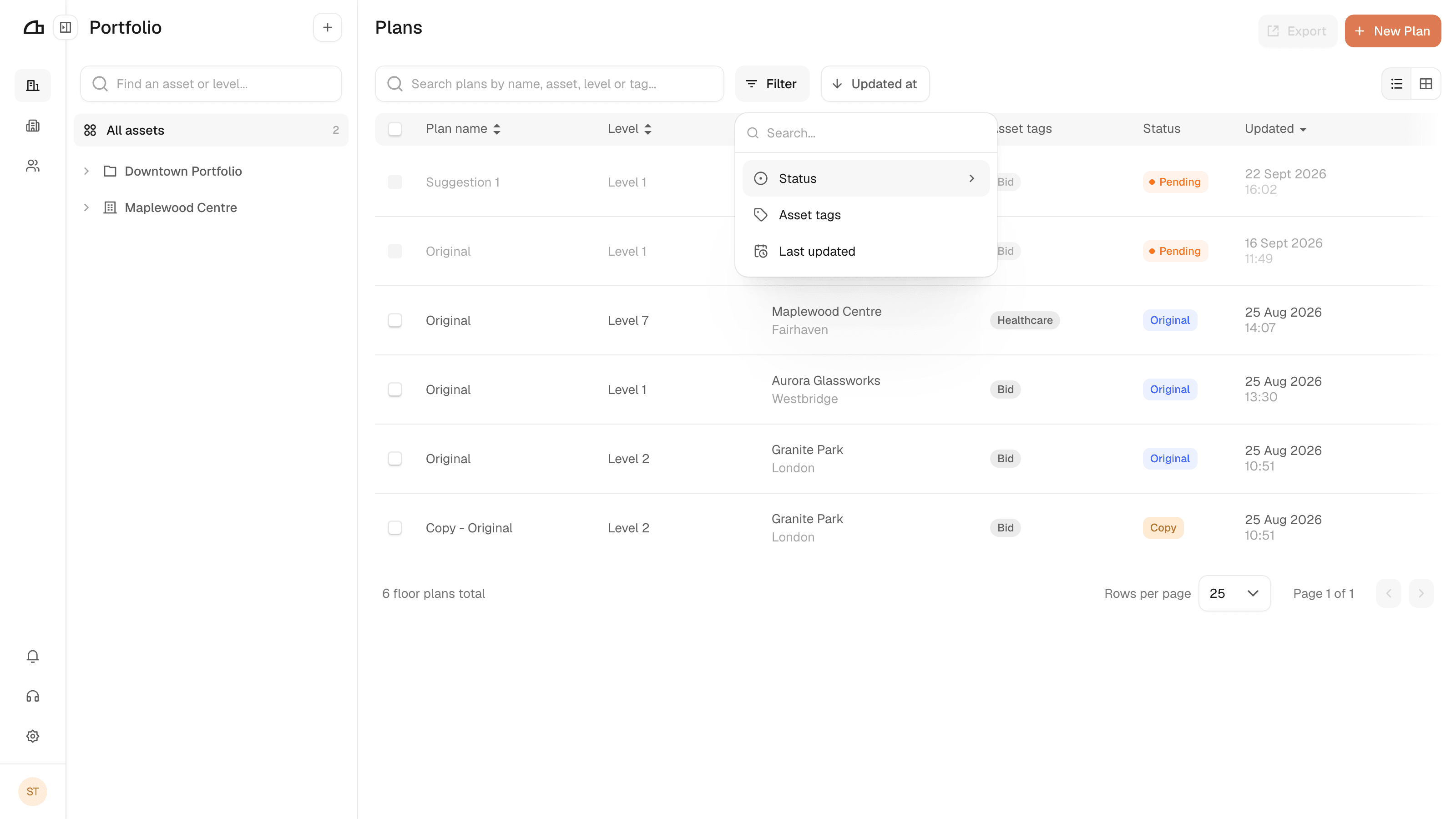 The Filter menu open, offering Status, Asset tags and Last updated