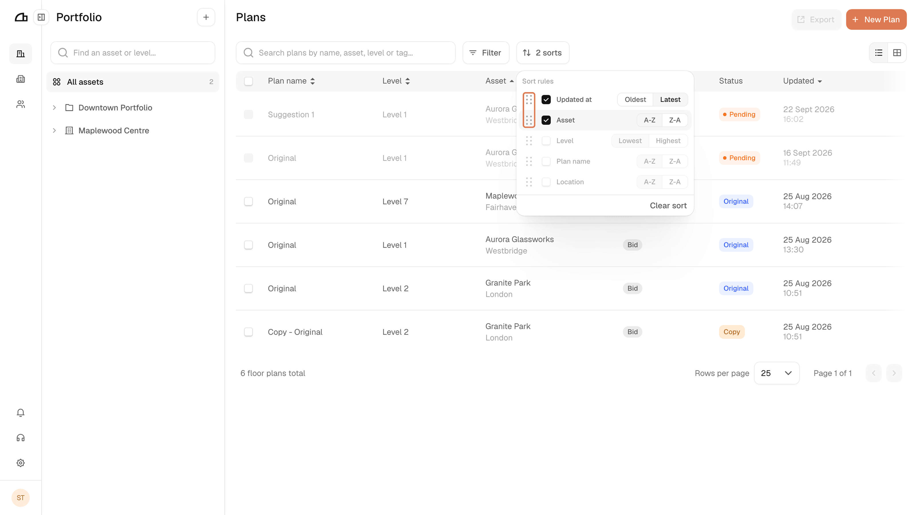 The sort menu with Updated at and Asset ticked, and the drag handles highlighted