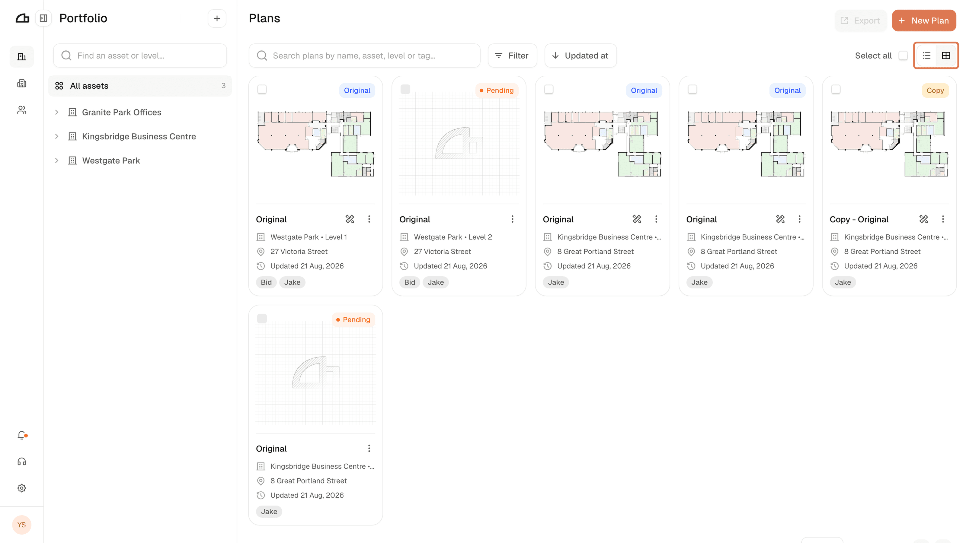 The portfolio in grid view, showing a preview of each plan