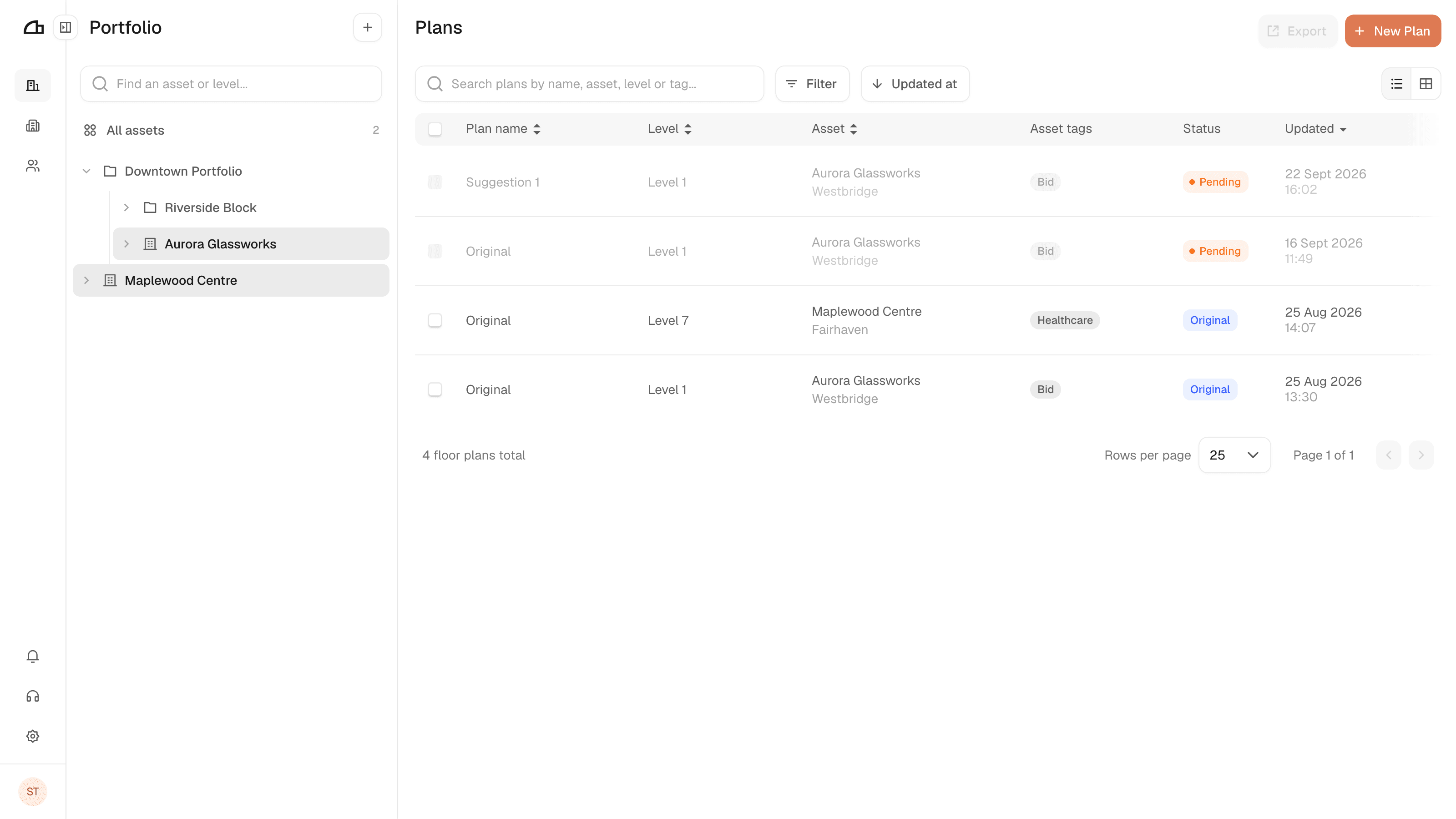 Two assets selected, with the plans of both listed in the table