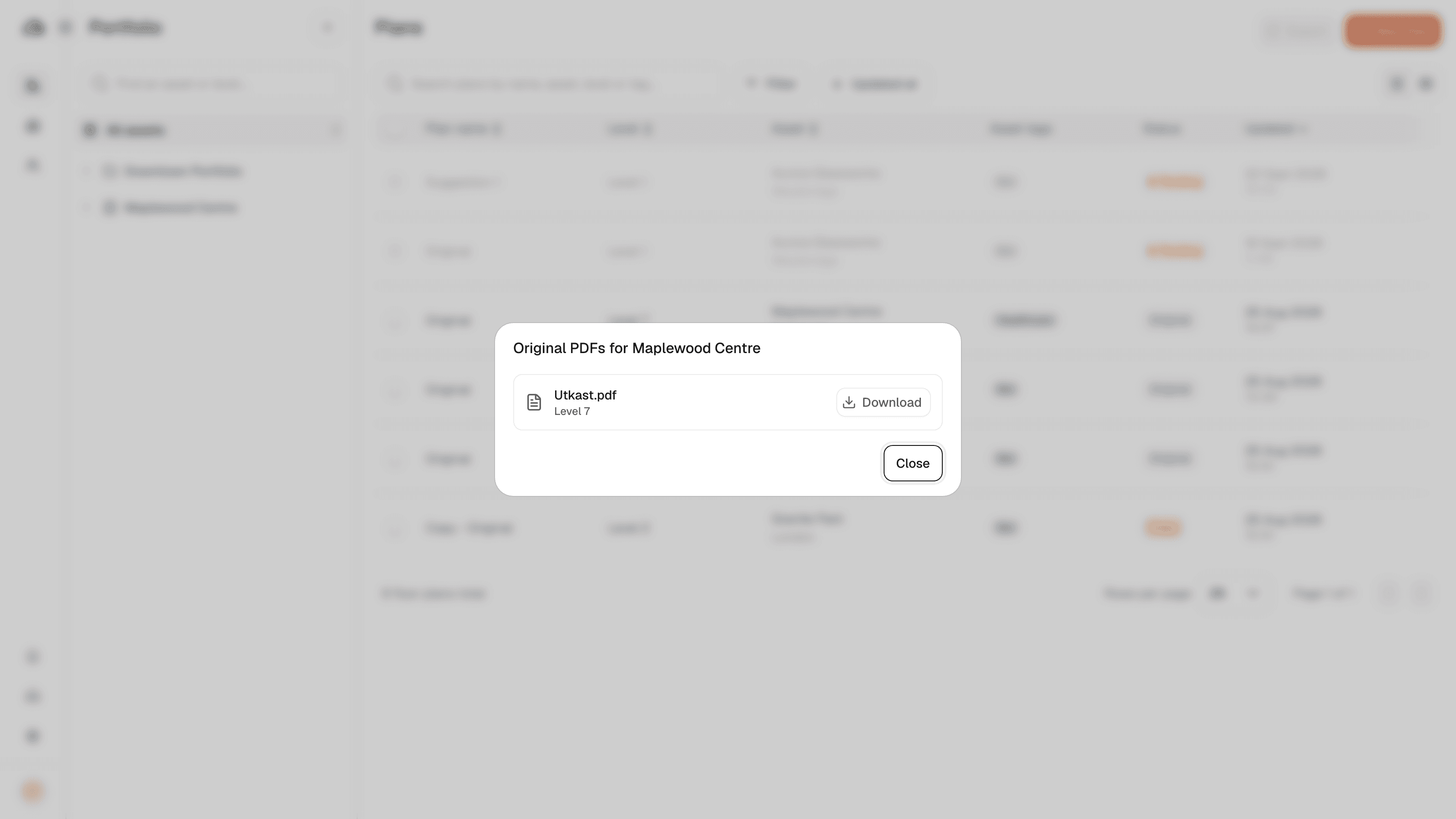 The Original PDFs dialog listing a source file with its level and a Download button