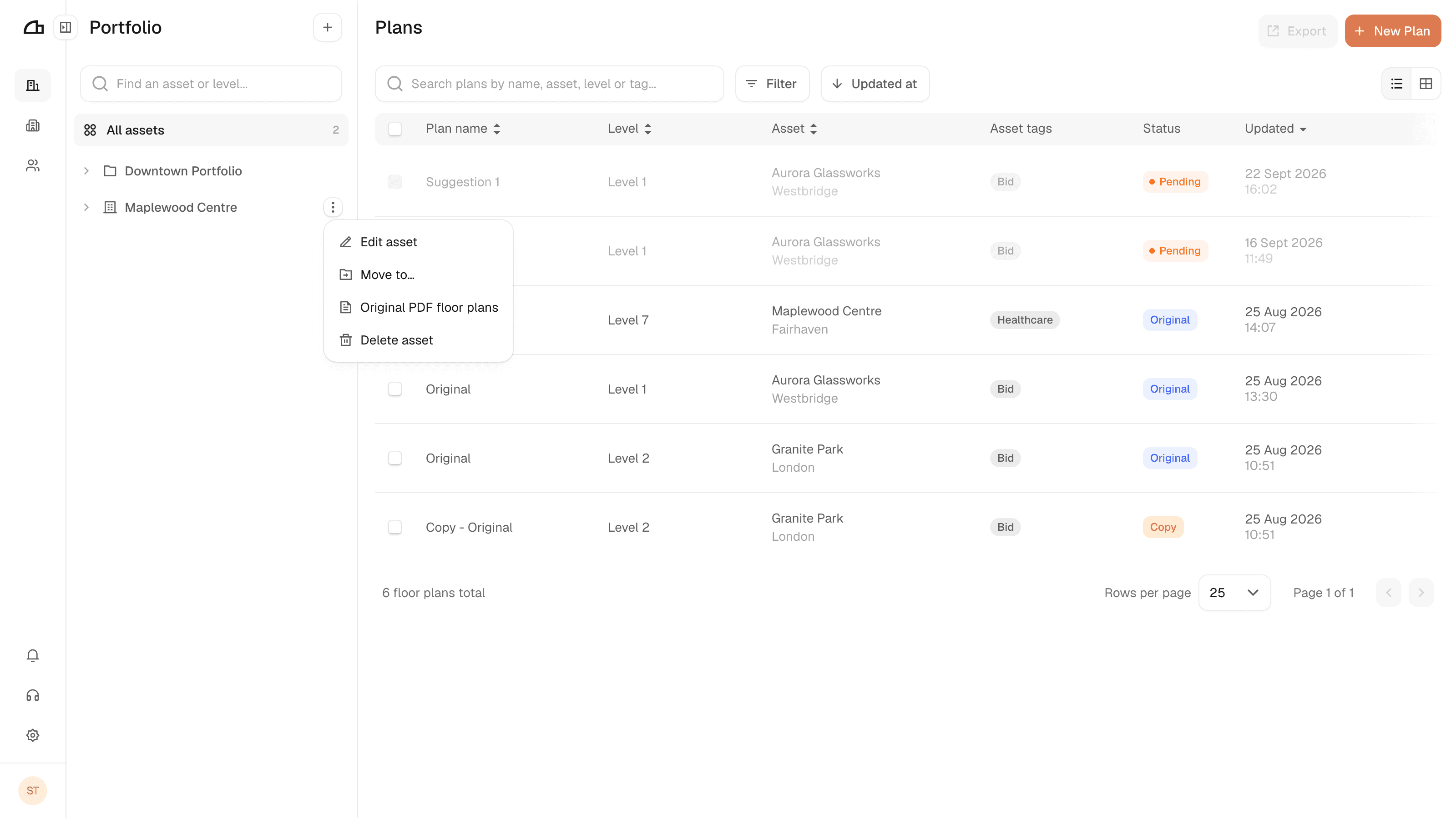 An asset's more options menu, with Original PDF floor plans