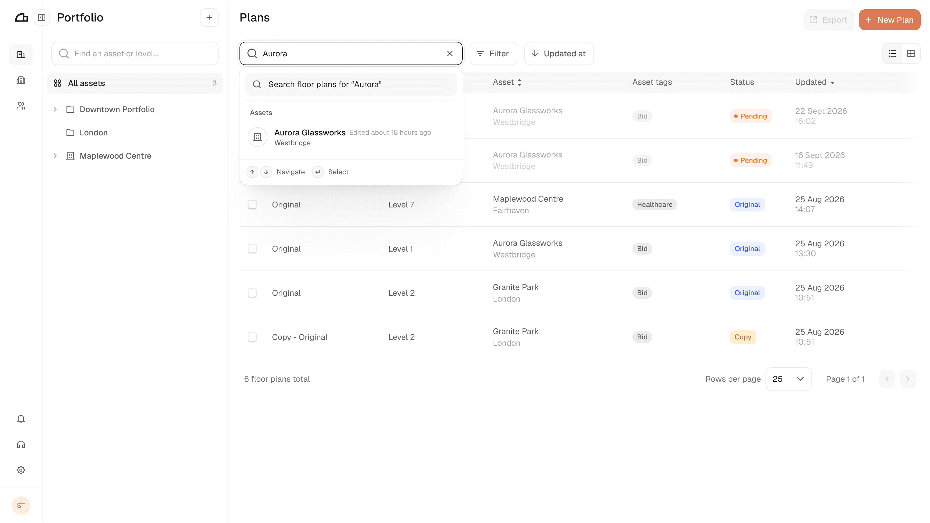 The plans search offering matching results as you type