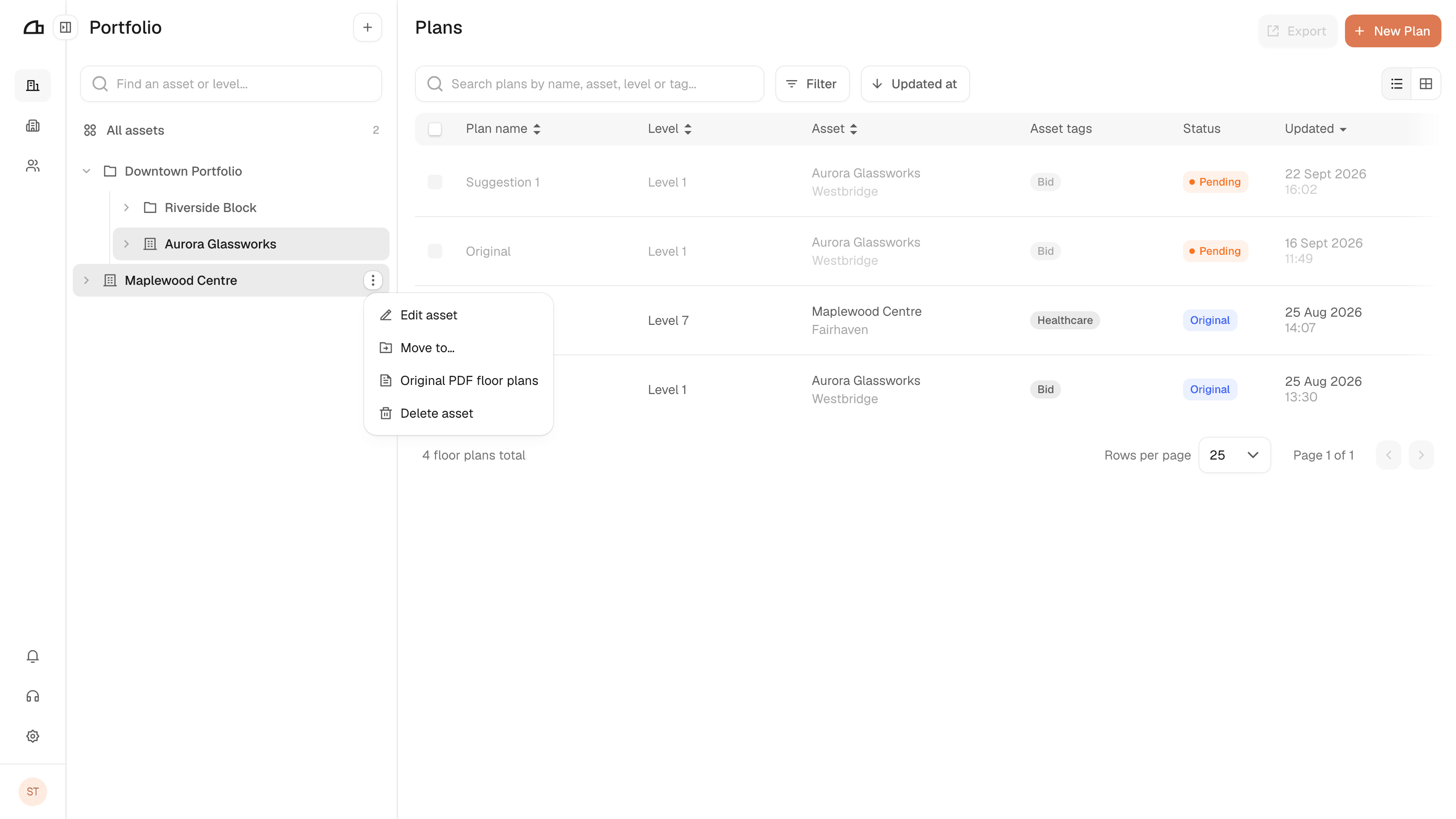 An asset selected in the tree with its more options menu open