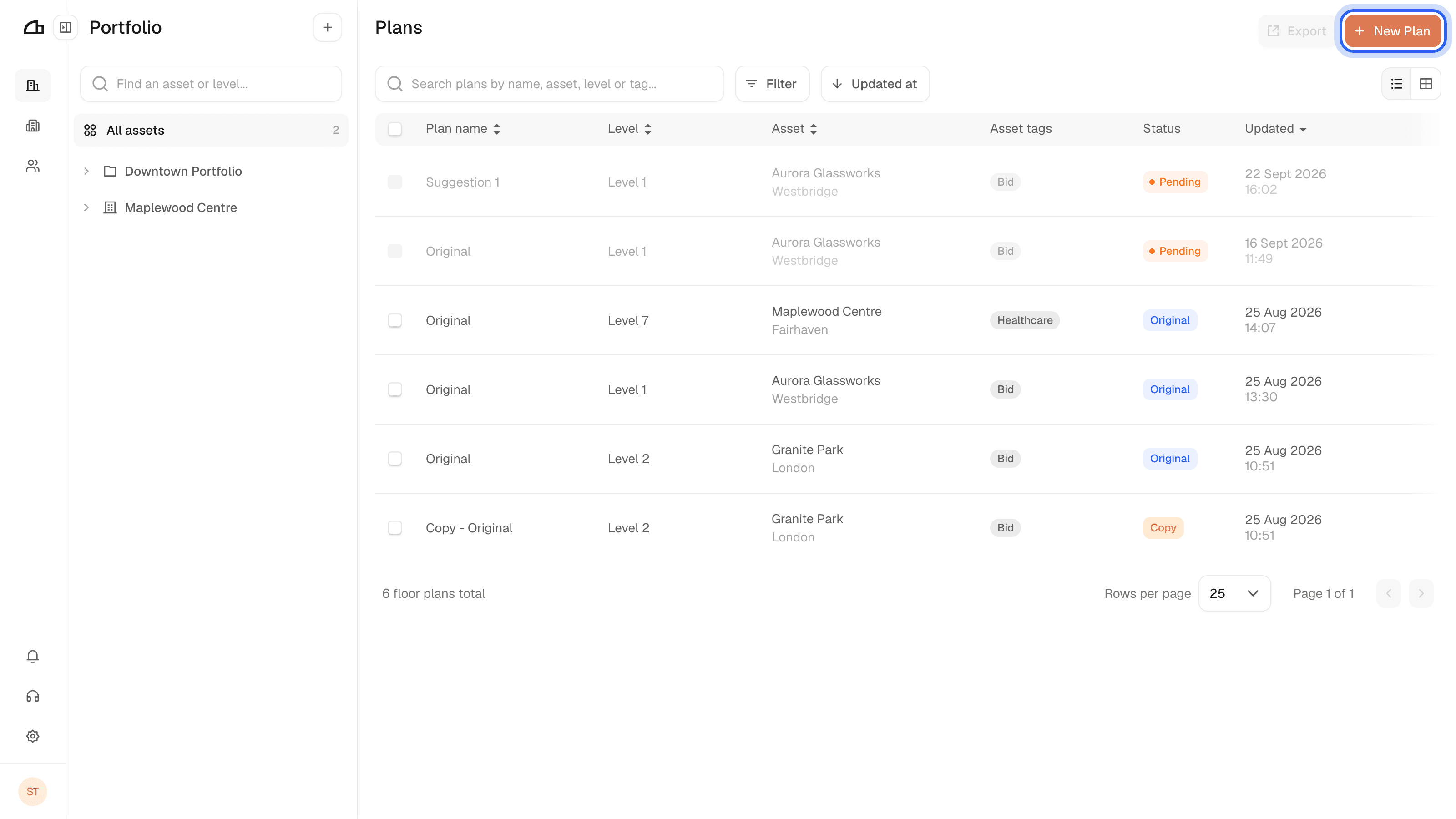 The New Plan button in the top right of the portfolio