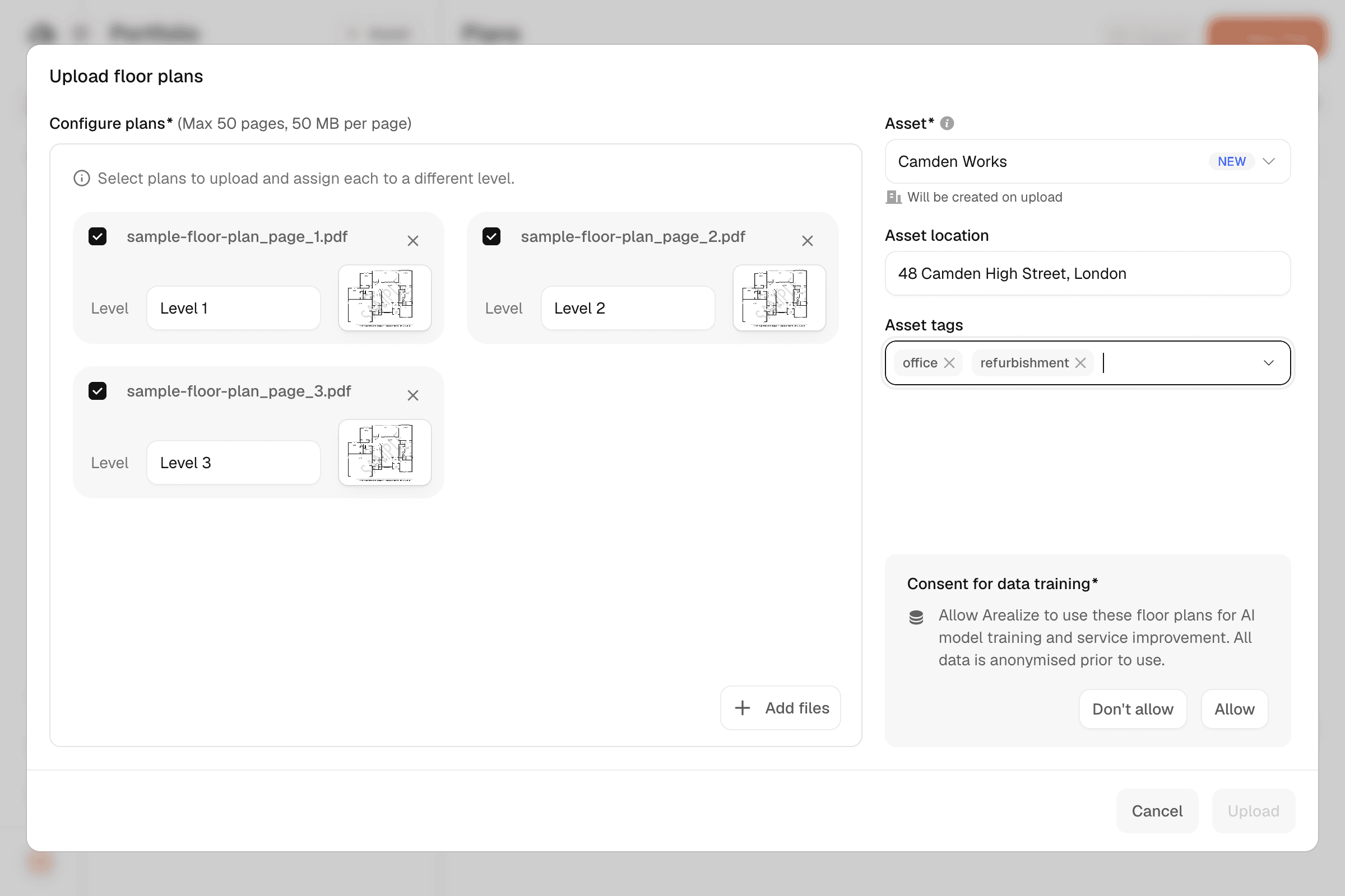 Asset name, location, and tags filled in beside the selected plans