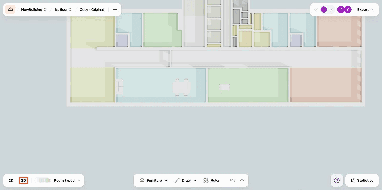 The floor plan drawn in 3D, with the 3D toggle highlighted at the bottom left