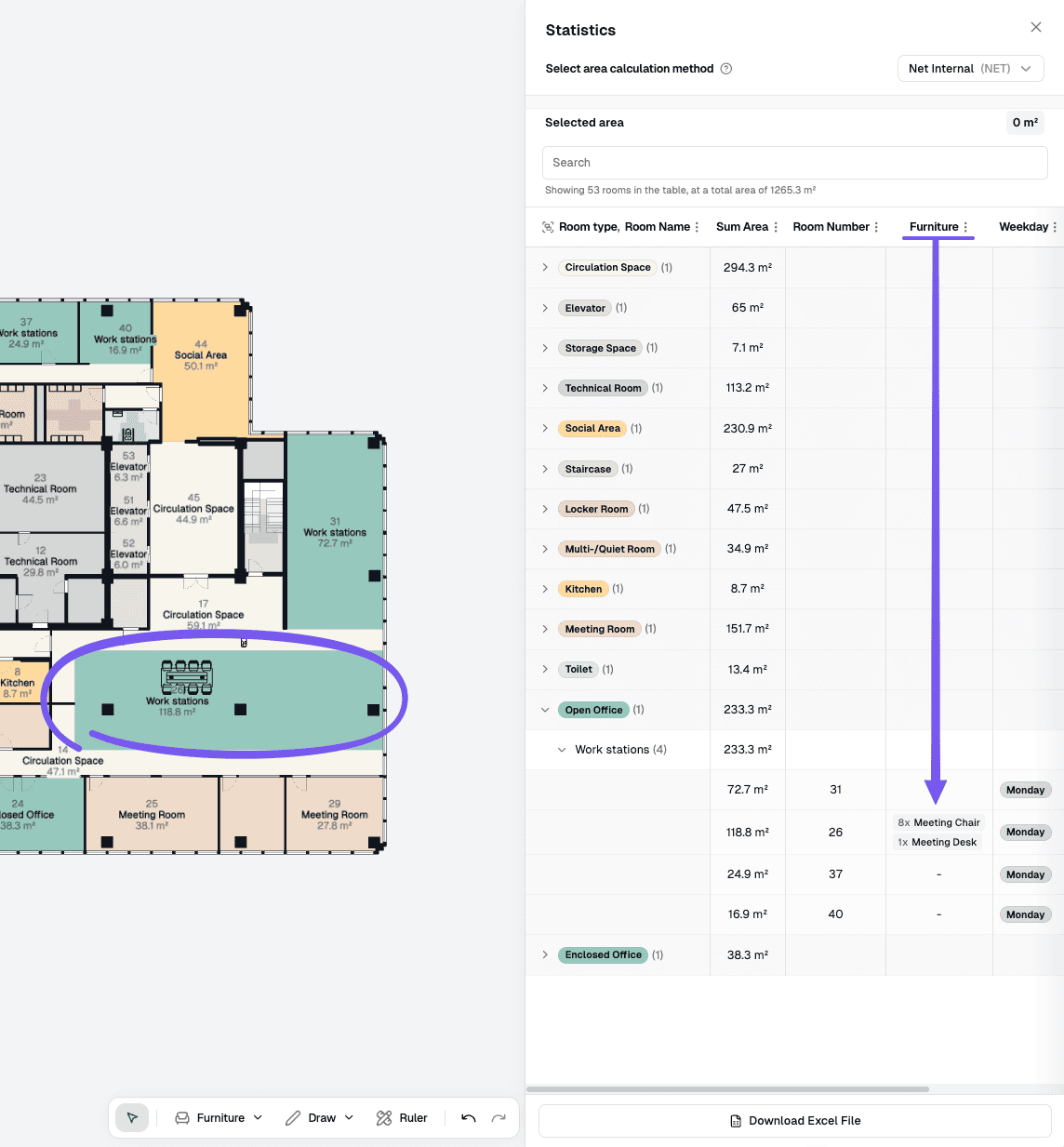 The Furniture tab in the statistics panel