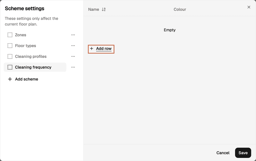 The new scheme selected with no rows yet and Add row highlighted