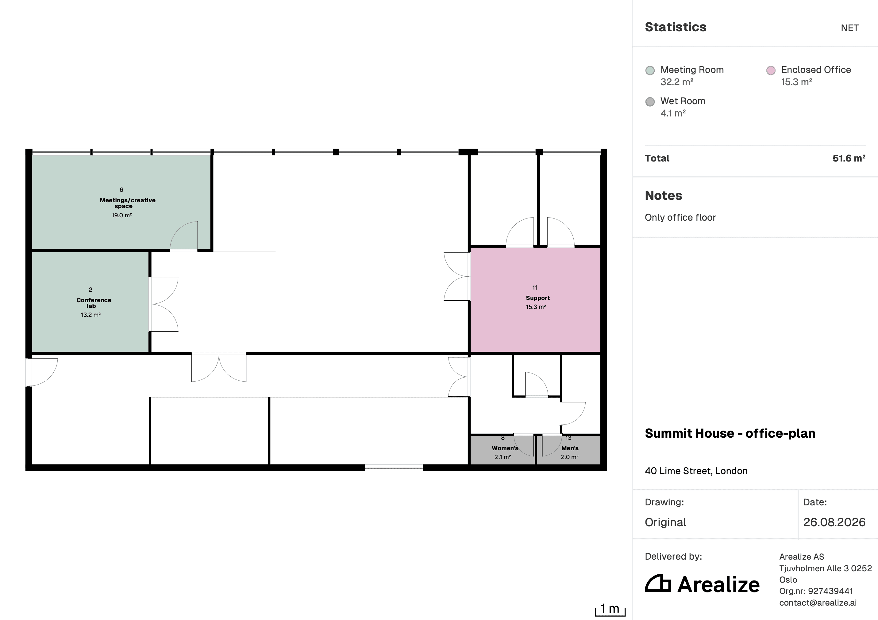 The downloaded PDF, with the floor plan and the statistics, notes, and title block side panel