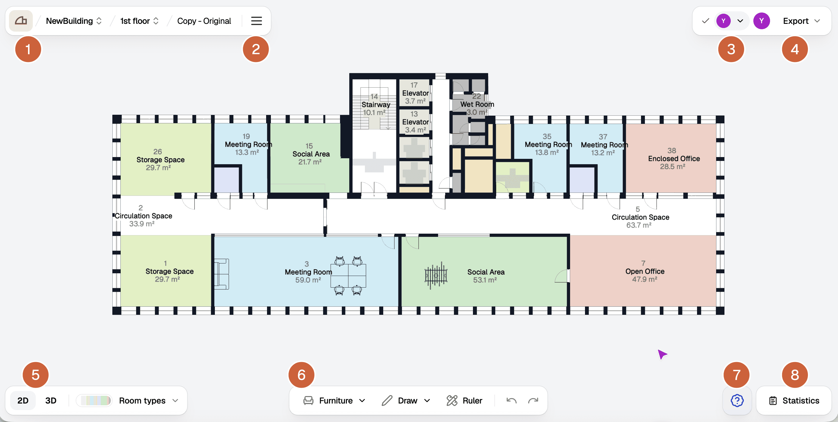 Studio with the location, plan menu, collaborators, Export, view controls, tools, help, and Statistics marked one to eight