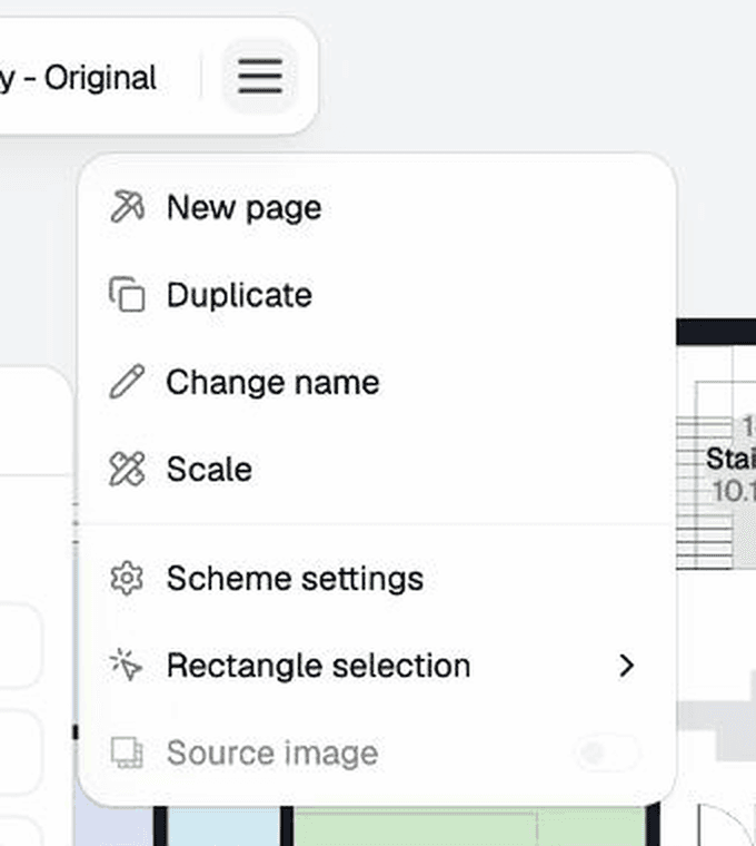 The plan menu open, listing New page, Duplicate, Change name, Scale, Scheme settings, Rectangle selection, and Source image