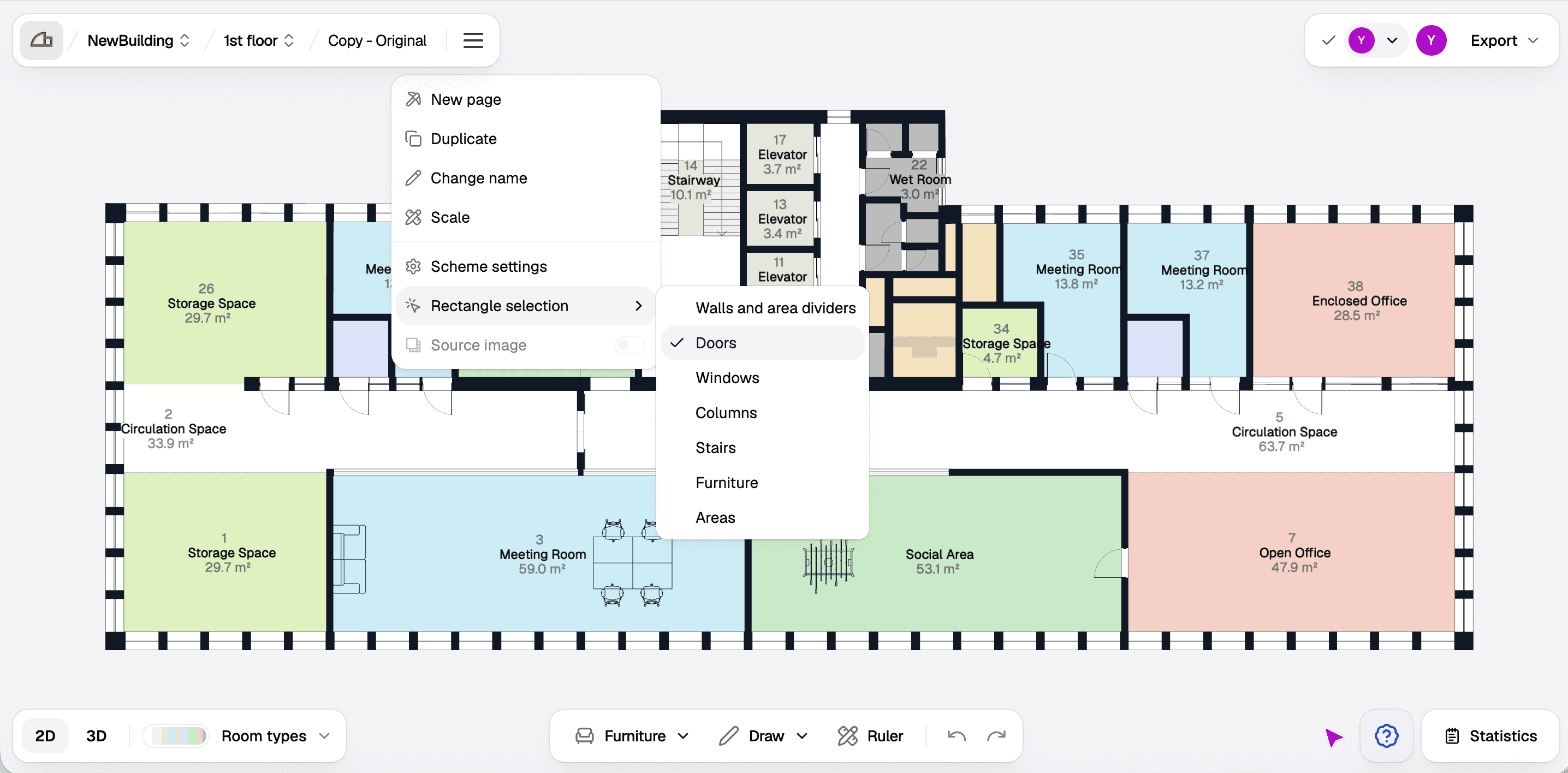 The plan menu open with the Rectangle selection submenu showing Walls and area dividers, Doors, Windows, Columns, Stairs, Furniture, and Areas, with Doors ticked