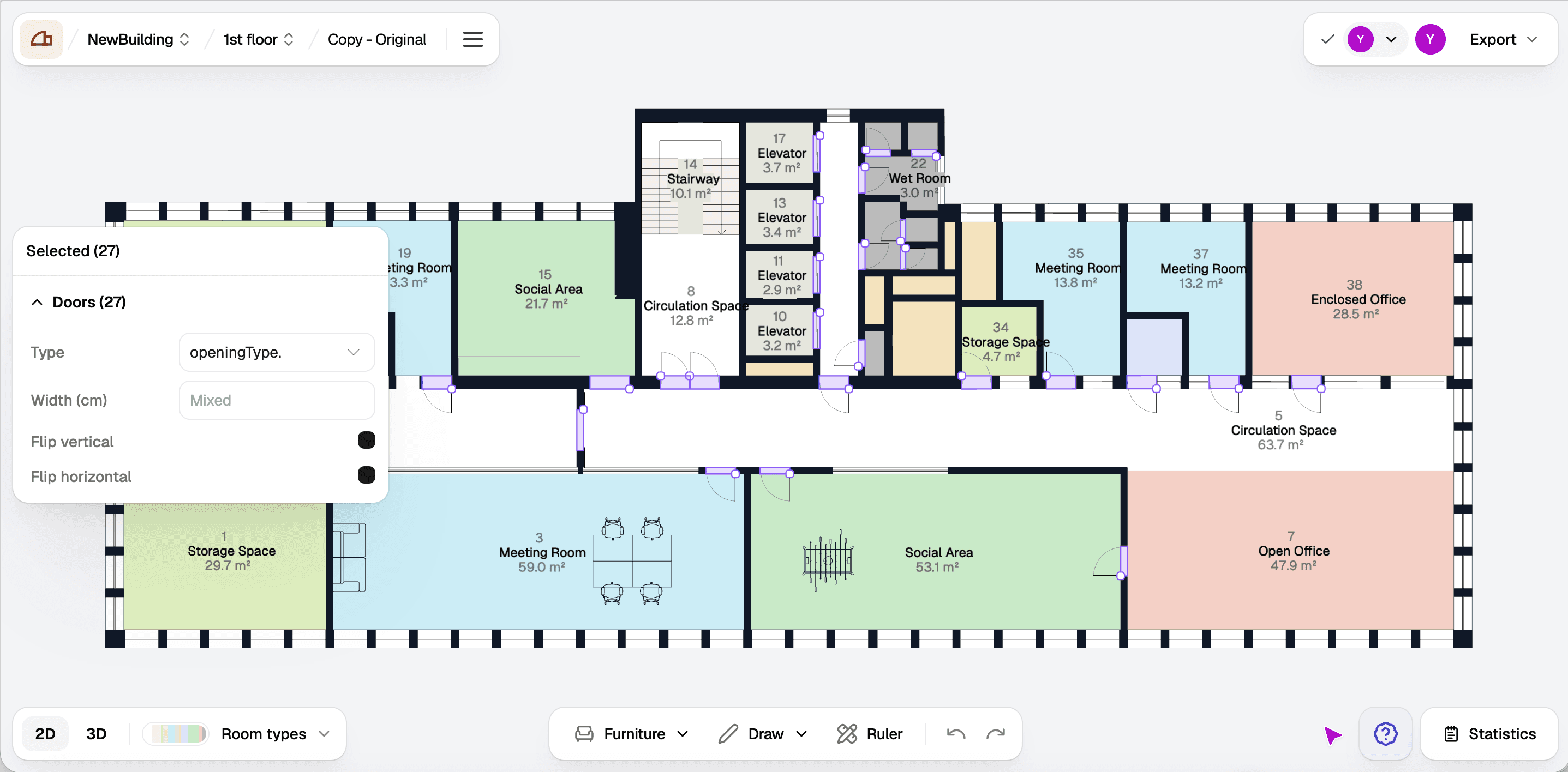 The plan after a rectangle selection with only Doors ticked: 27 doors highlighted and the properties panel showing Doors (27)