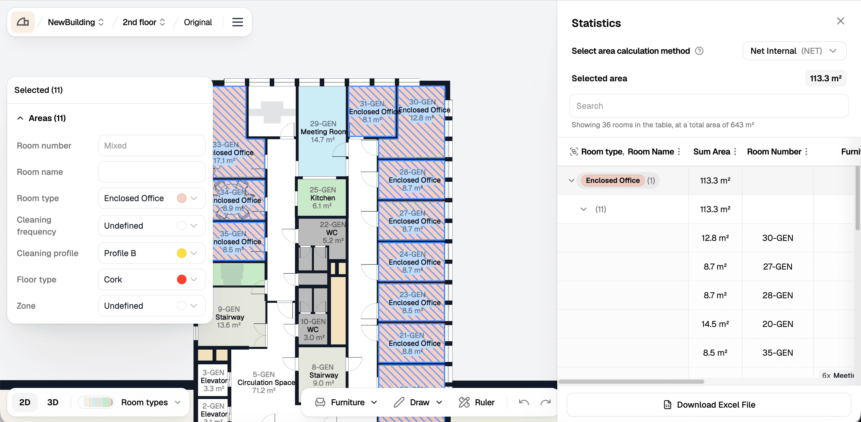 Clicking the Enclosed Office row in the Statistics panel selects all 11 of those areas on the plan, with the properties panel open on the selection