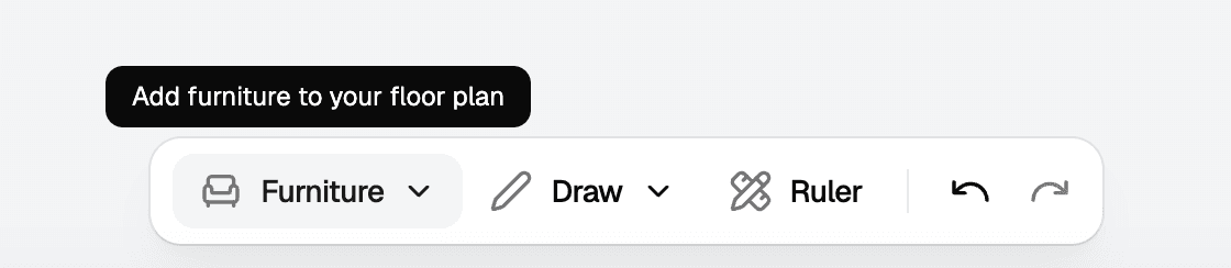The bottom toolbar with the Furniture button and its Add furniture to your floor plan tooltip