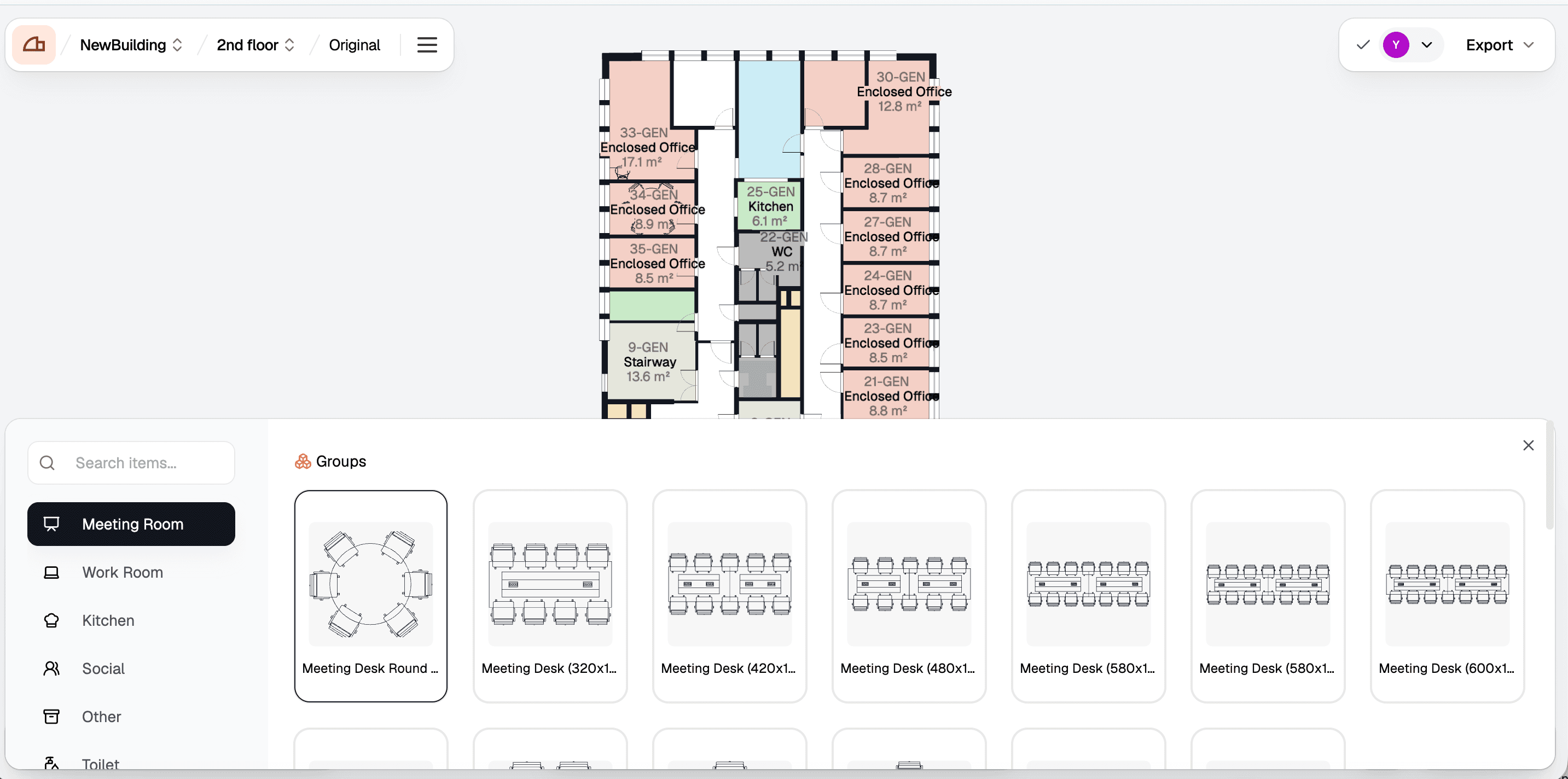 The furniture panel open with the Meeting Room library selected, showing a grid of meeting desk groups