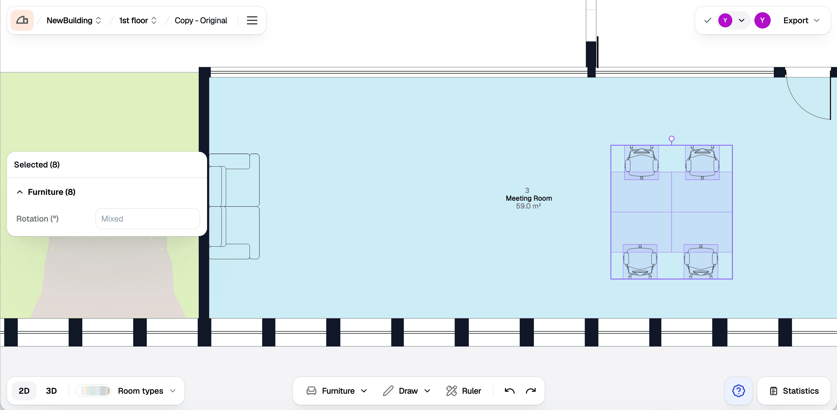 A placed workstation group selected on the plan, with the properties panel showing Furniture (8)