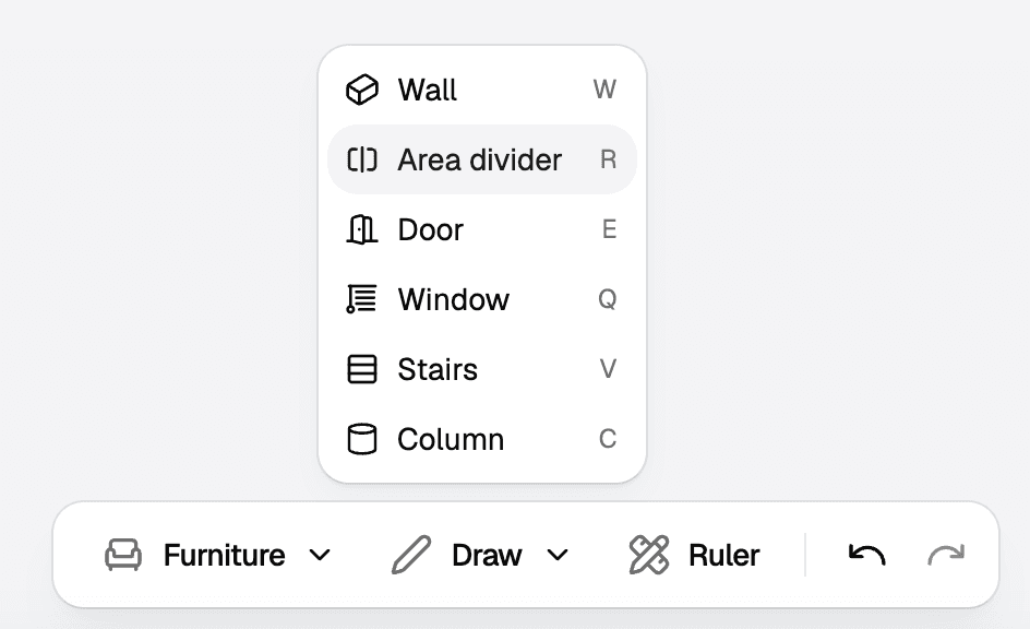 The Draw menu open with Area divider selected, above the bottom centre toolbar