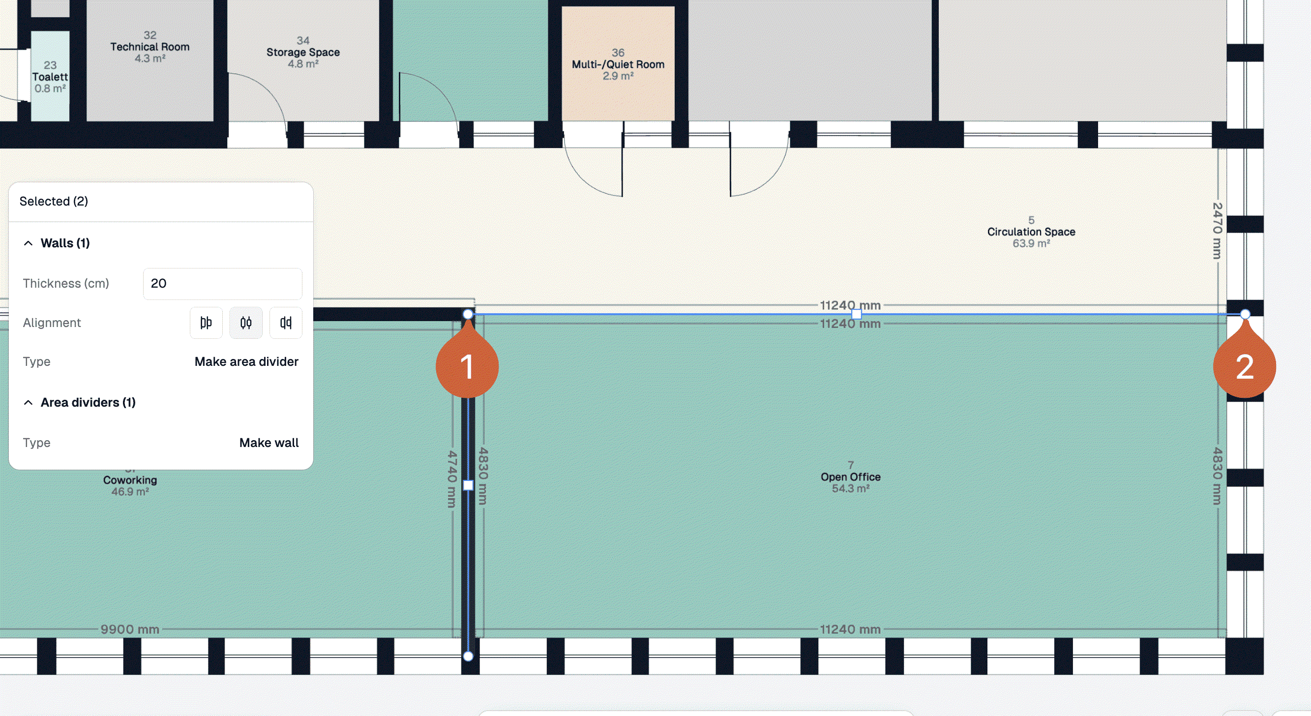 An area divider drawn across an open office, with markers at the first and second click and the properties panel listing Walls (1) and Area dividers (1)