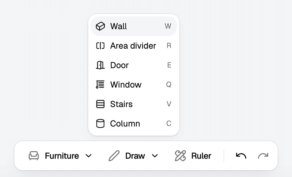 The Draw menu open with Wall selected, above the bottom centre toolbar