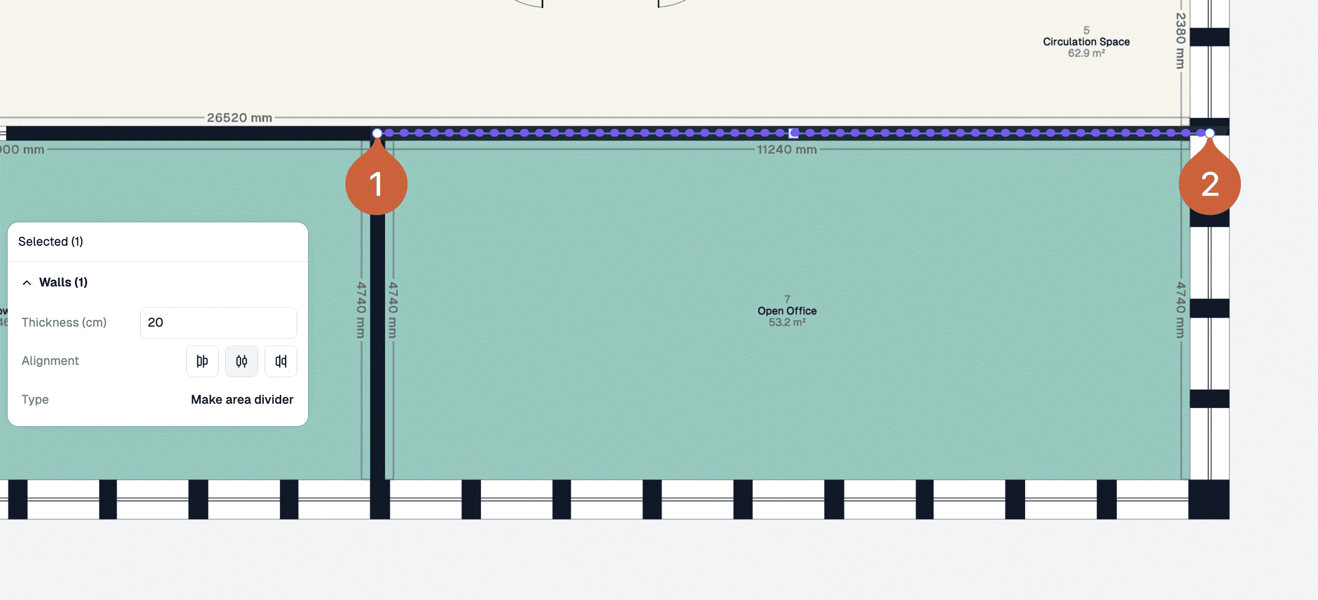 A wall drawn along the top of an open office area, with markers at the first and second click and the properties panel showing Walls (1)
