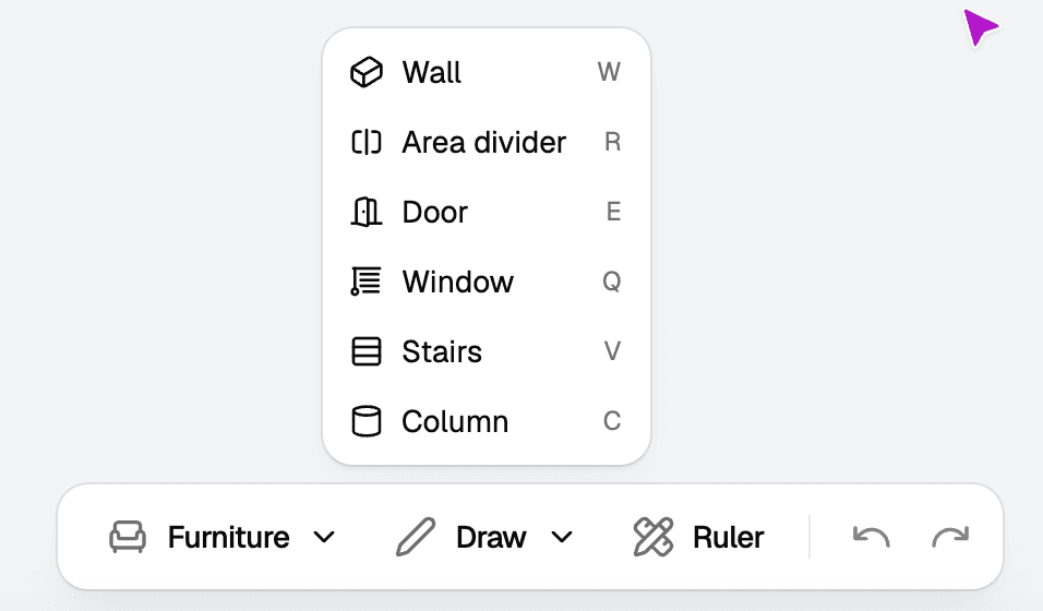 The Draw menu open, listing Wall, Area divider, Door, Window, Stairs, and Column with their keyboard shortcuts