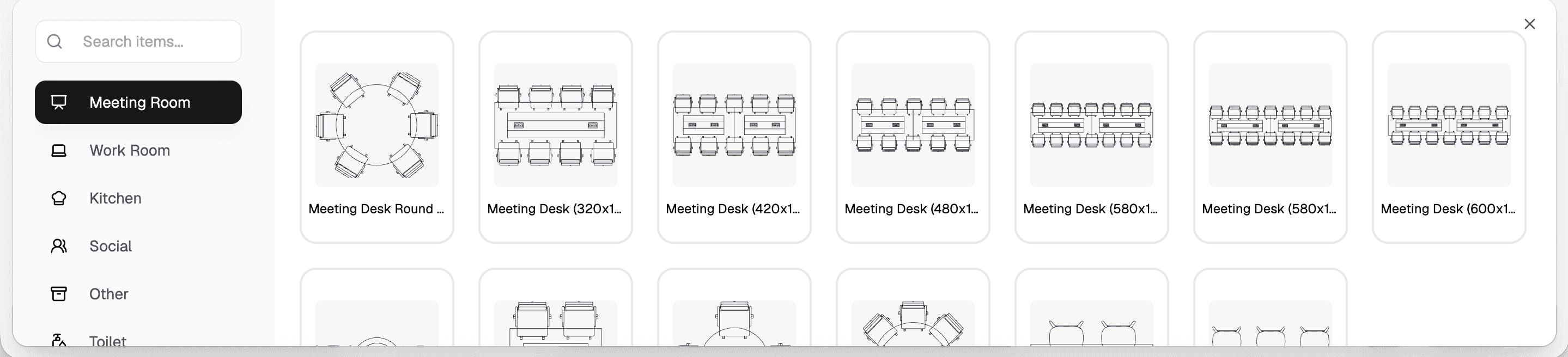 The furniture library open, with categories down the left and a grid of meeting room items