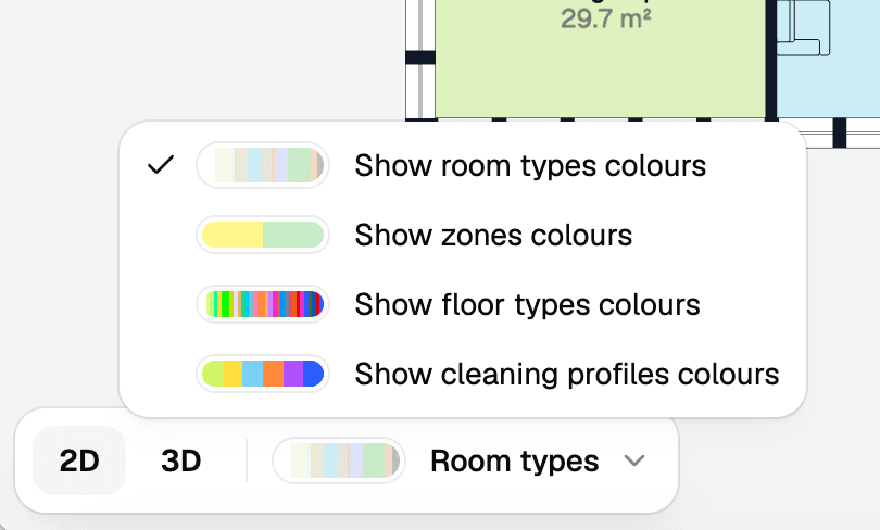 The classification dropdown open, listing Show room types colours, Show zones colours, Show floor types colours, and Show cleaning profiles colours